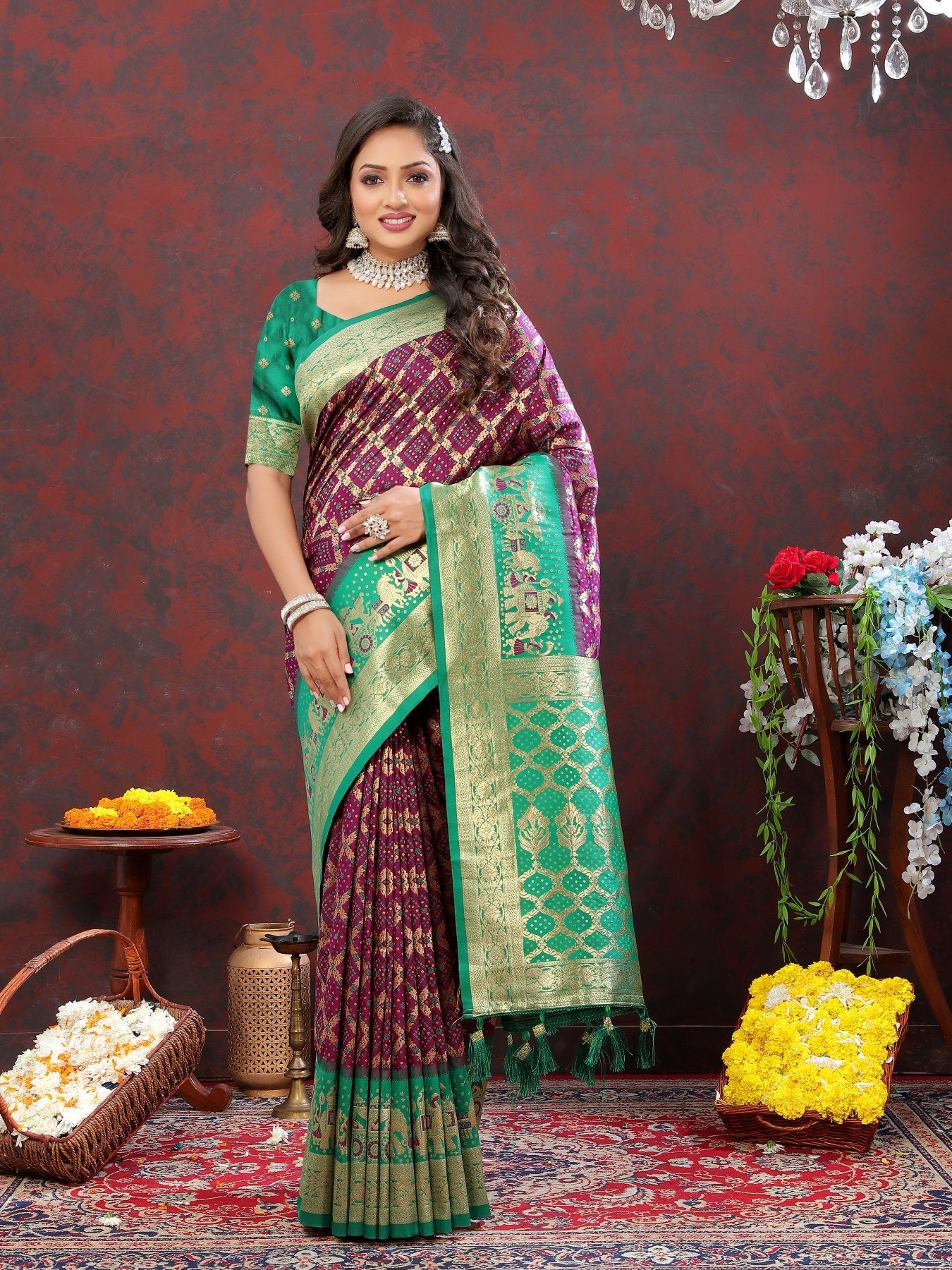 Effervescent Wine Patola Silk Saree with Quixotic Blouse Piece