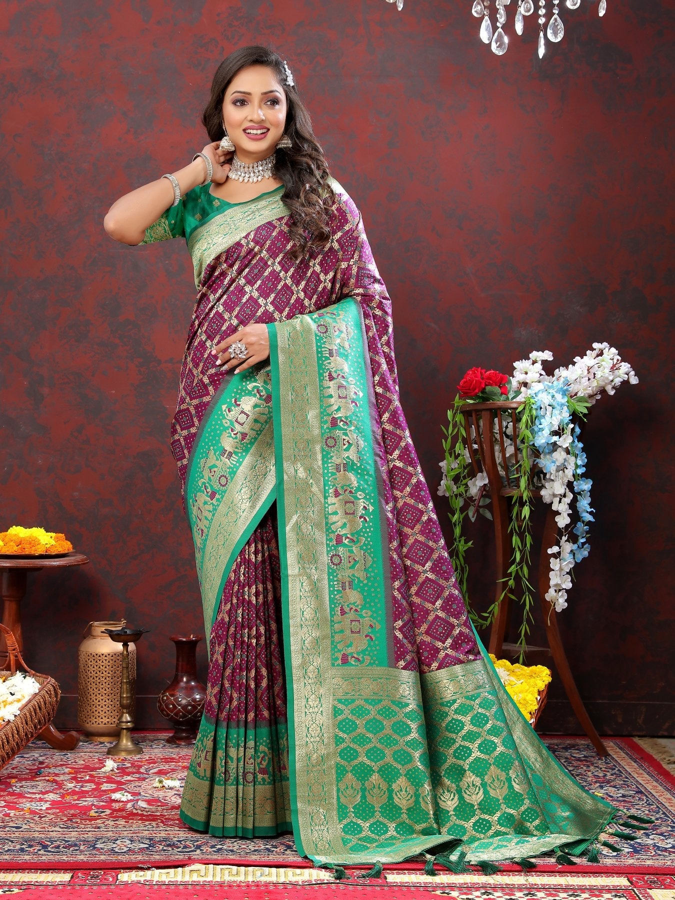 Effervescent Wine Patola Silk Saree with Quixotic Blouse Piece