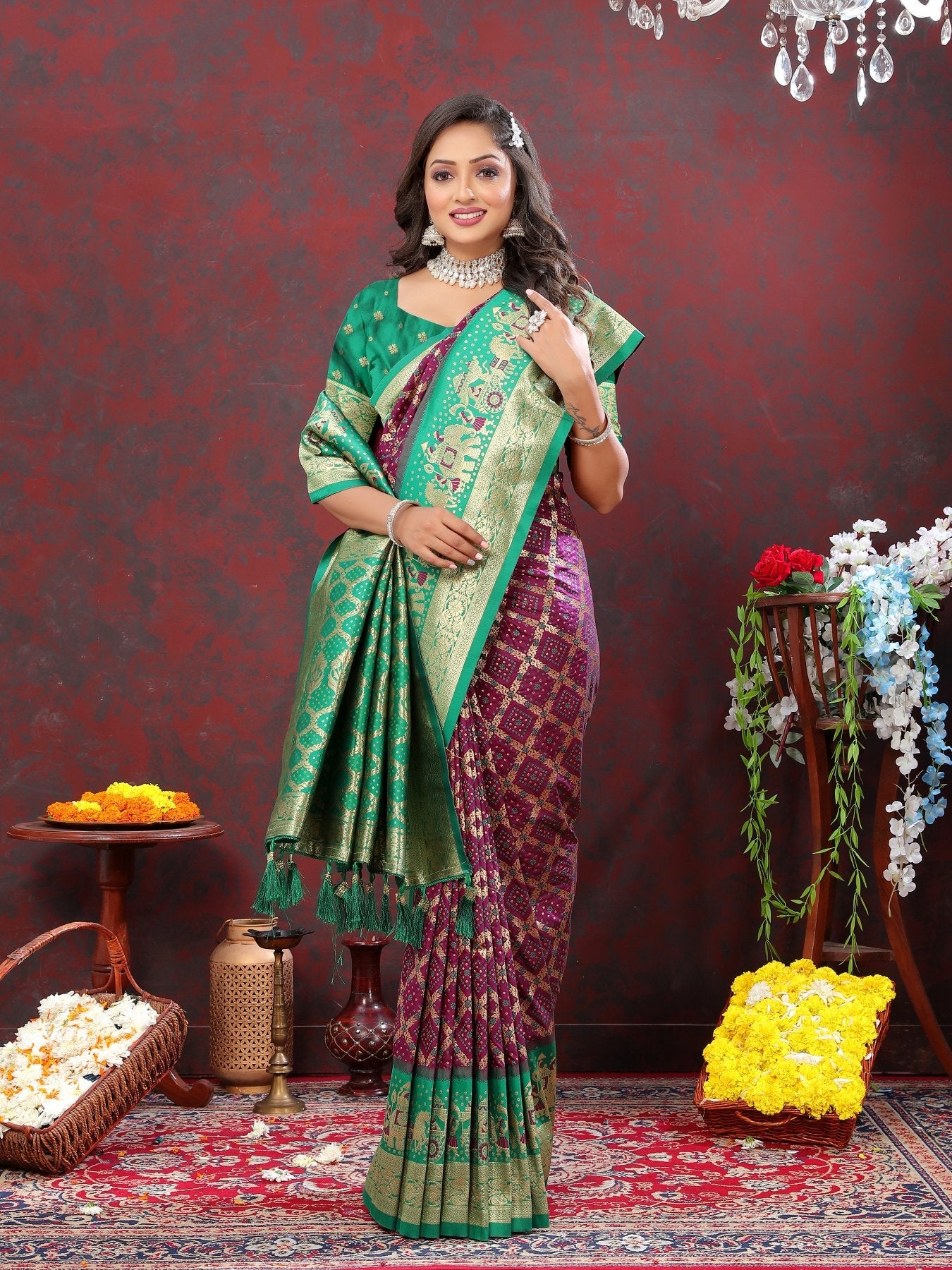 Effervescent Wine Patola Silk Saree with Quixotic Blouse Piece