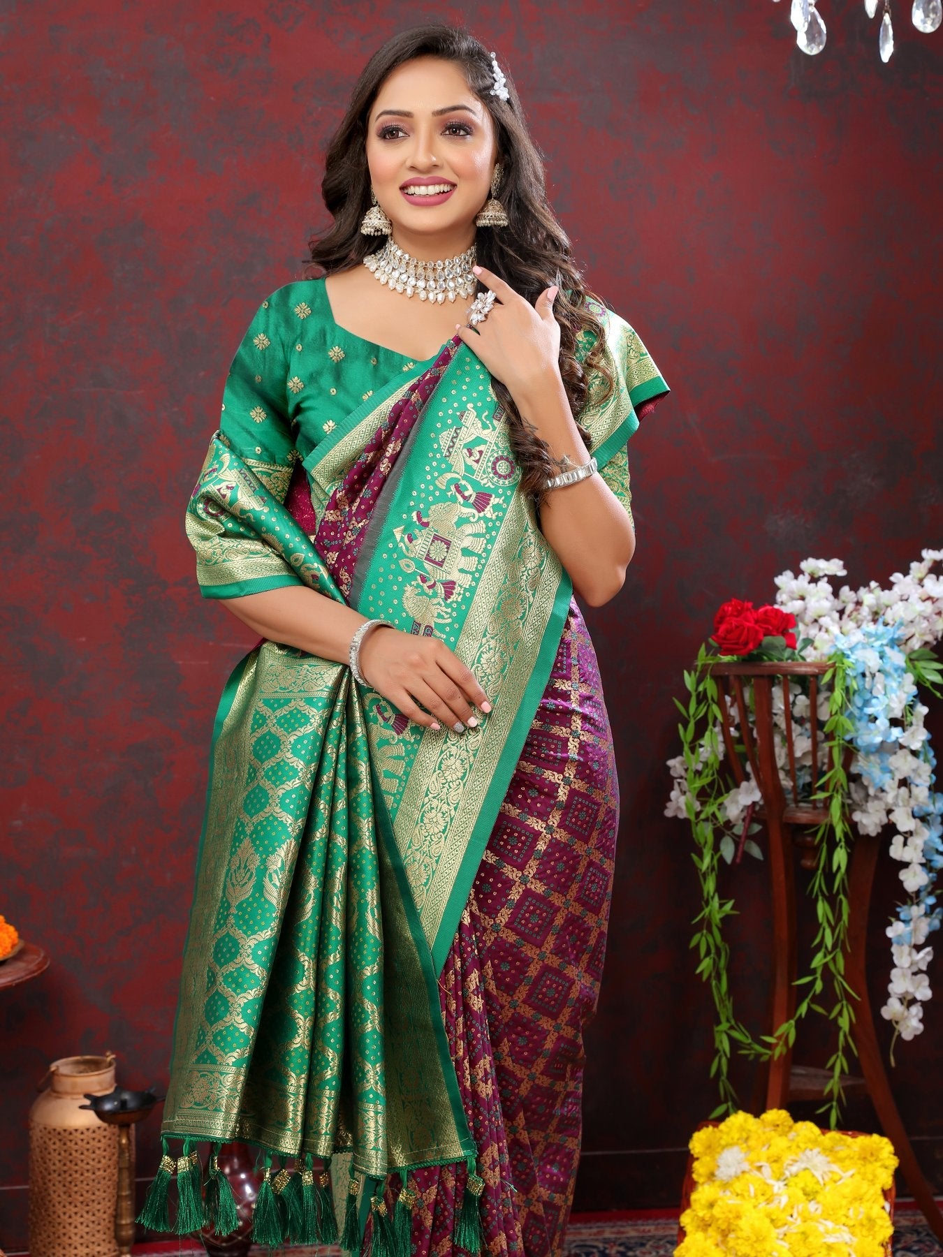 Effervescent Wine Patola Silk Saree with Quixotic Blouse Piece