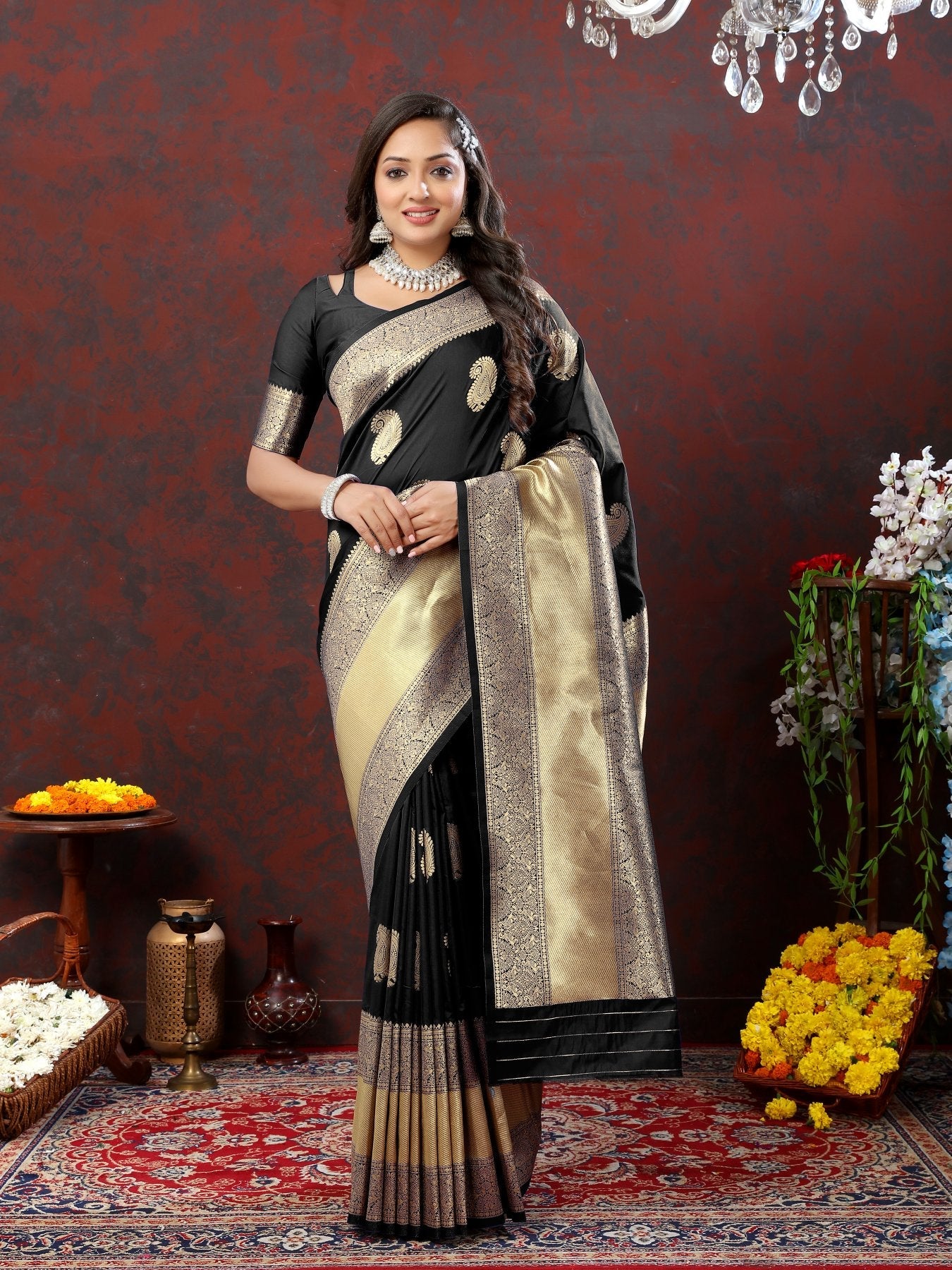 Delightful Black Soft Banarasi Silk Saree With Enamoring Blouse Piece