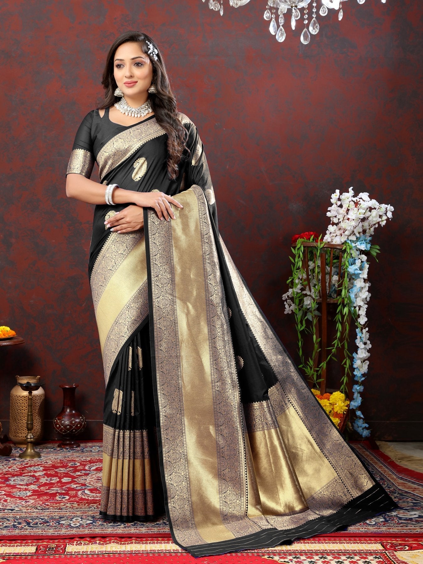 Delightful Black Soft Banarasi Silk Saree With Enamoring Blouse Piece