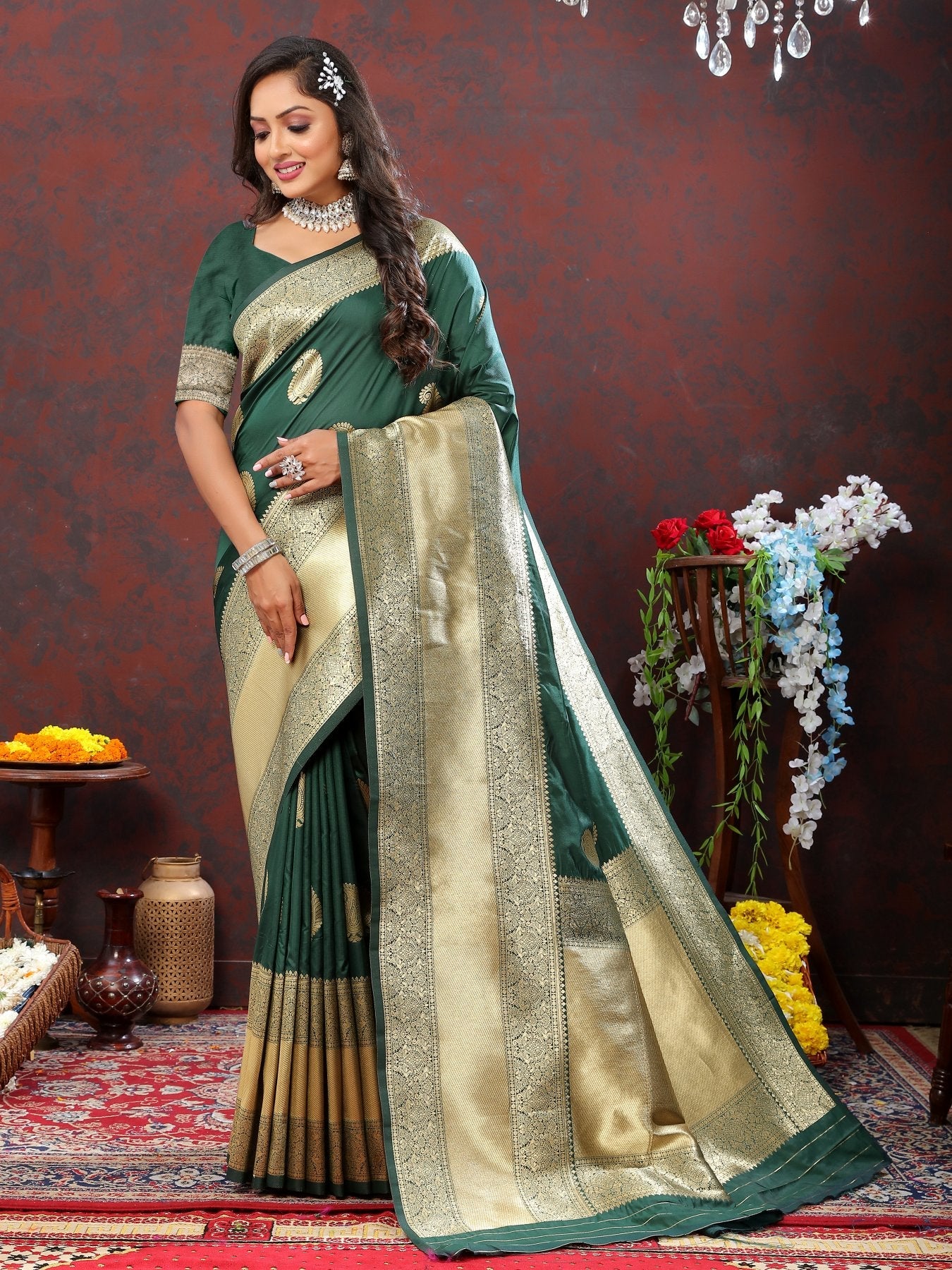 Ratatouille Dark Green Soft Banarasi Silk Saree With Admirable Blouse Piece