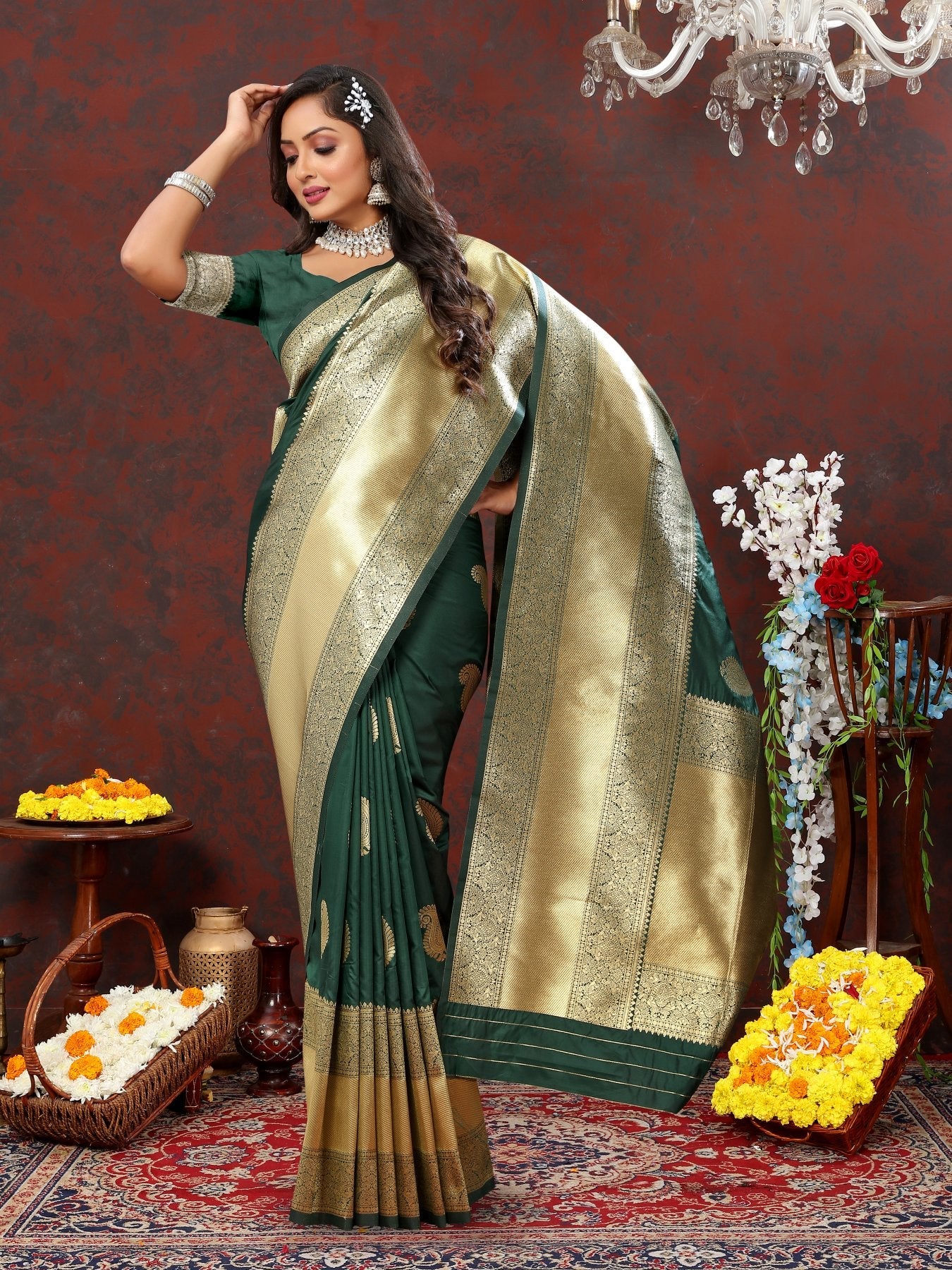 Ratatouille Dark Green Soft Banarasi Silk Saree With Admirable Blouse Piece