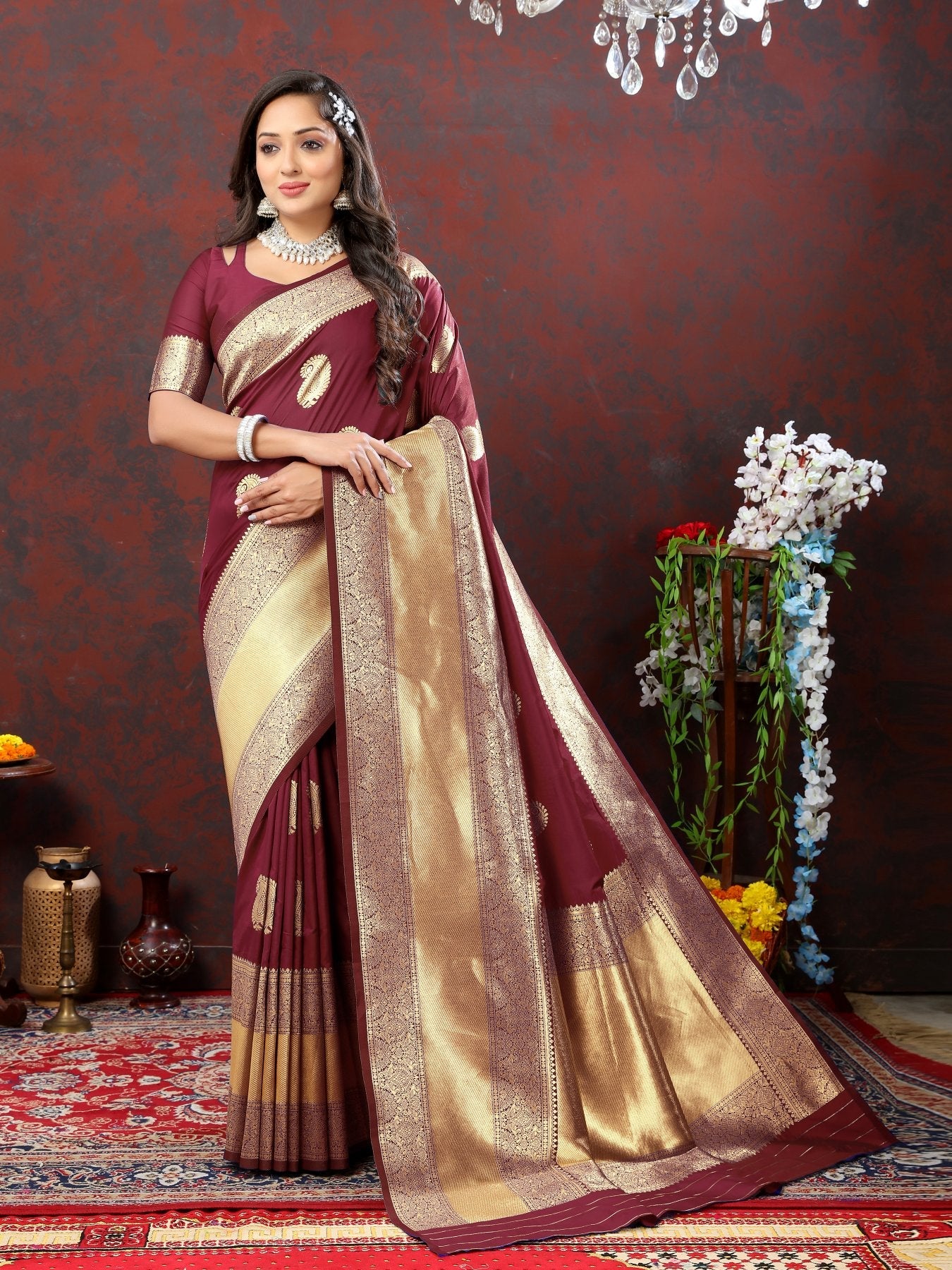 Preferable Maroon Soft Banarasi Silk Saree With Alluring Blouse Piece