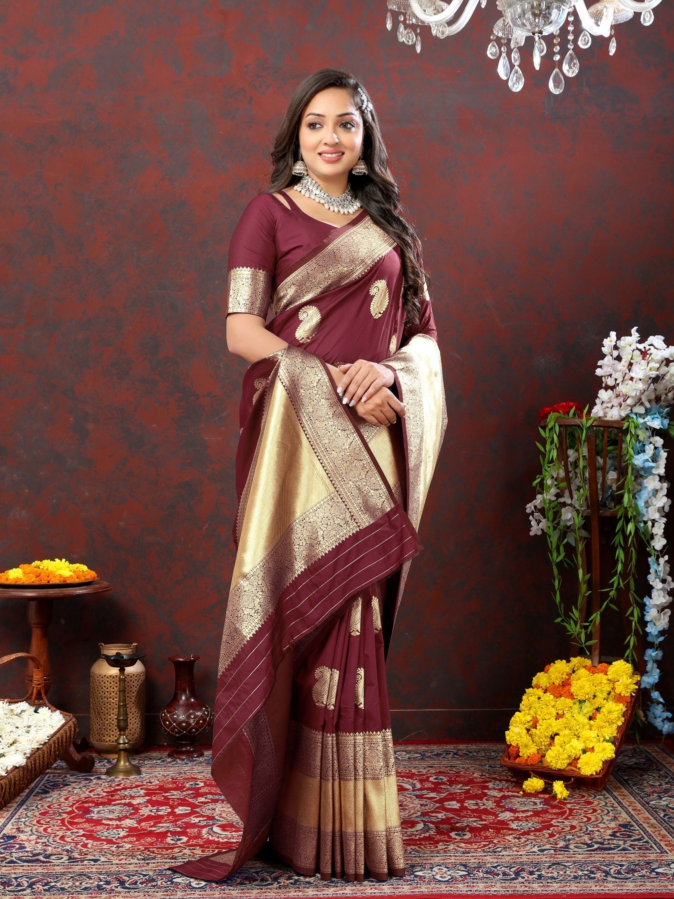 Preferable Maroon Soft Banarasi Silk Saree With Alluring Blouse Piece