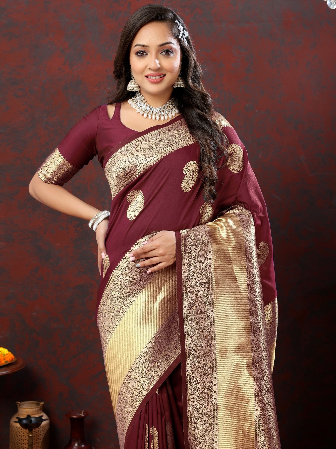 Preferable Maroon Soft Banarasi Silk Saree With Alluring Blouse Piece