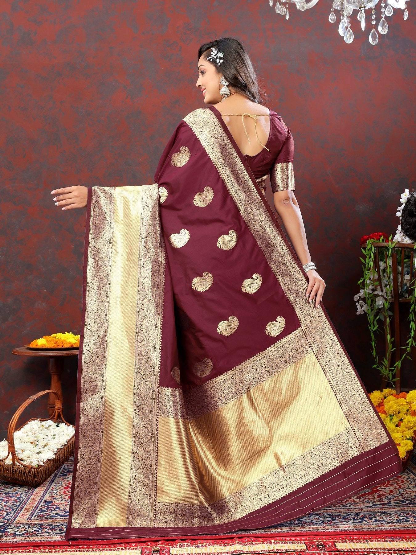 Preferable Maroon Soft Banarasi Silk Saree With Alluring Blouse Piece