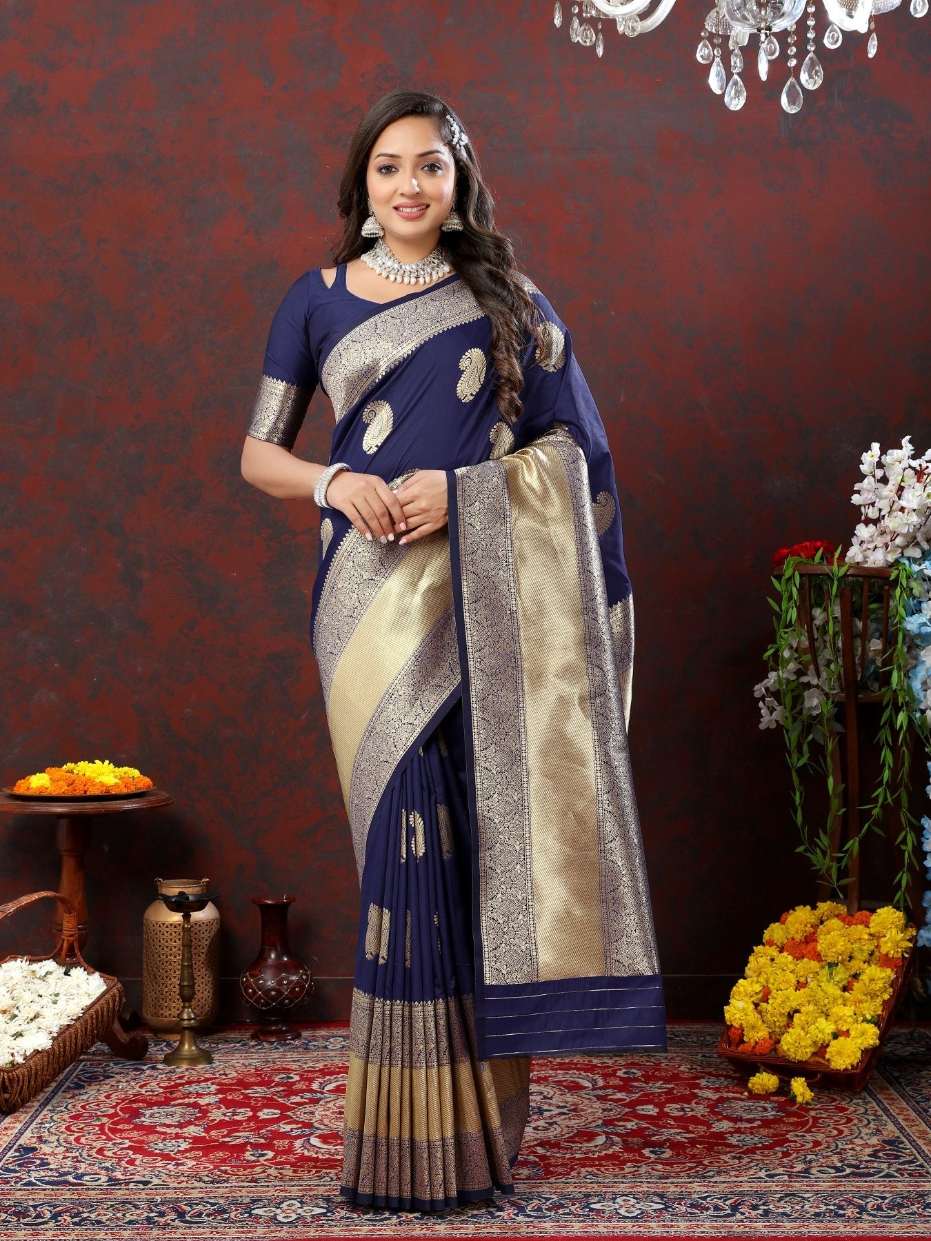 Quintessential Navy Blue Soft Banarasi Silk Saree With Ideal Blouse Piece