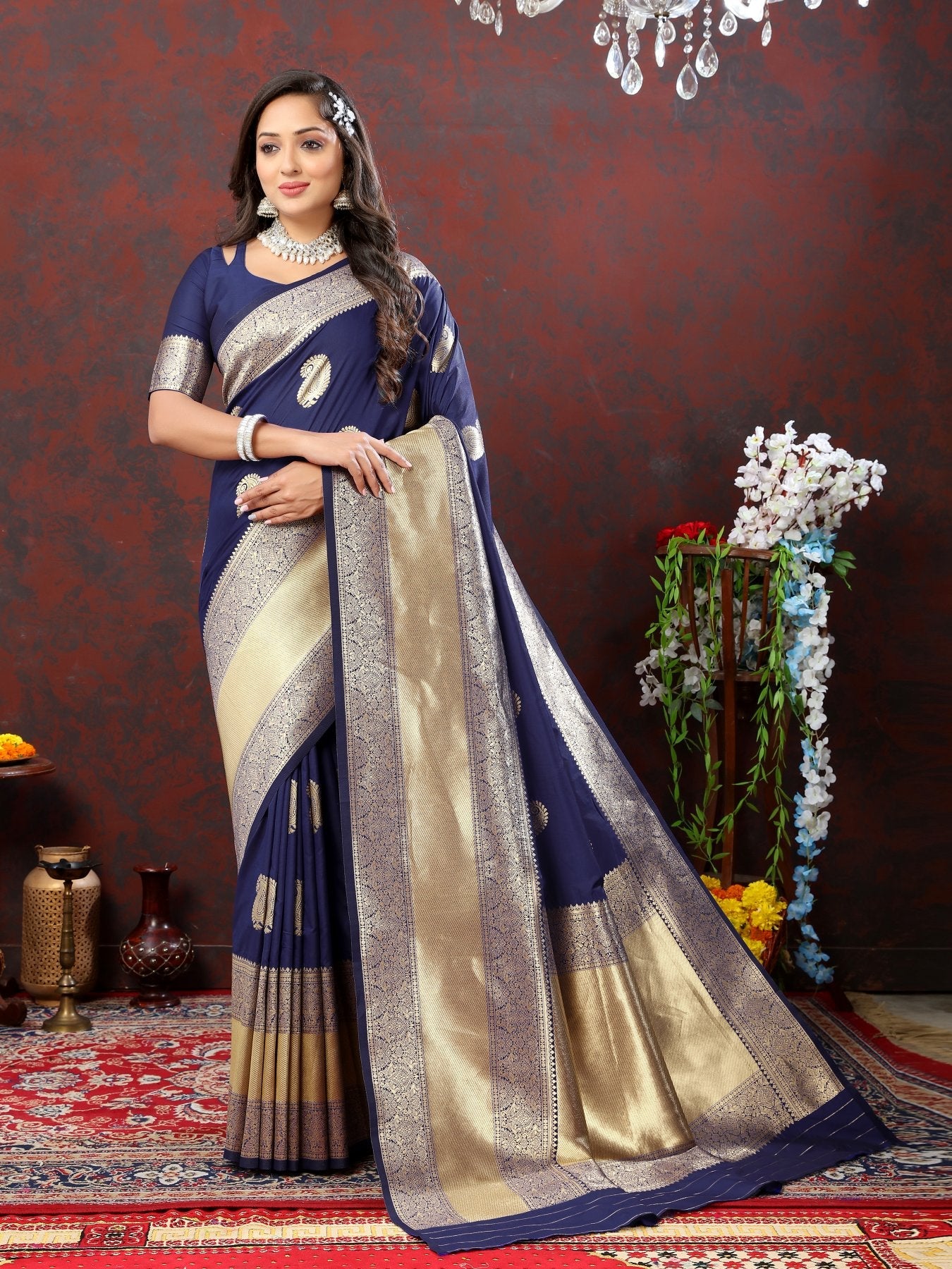 Quintessential Navy Blue Soft Banarasi Silk Saree With Ideal Blouse Piece