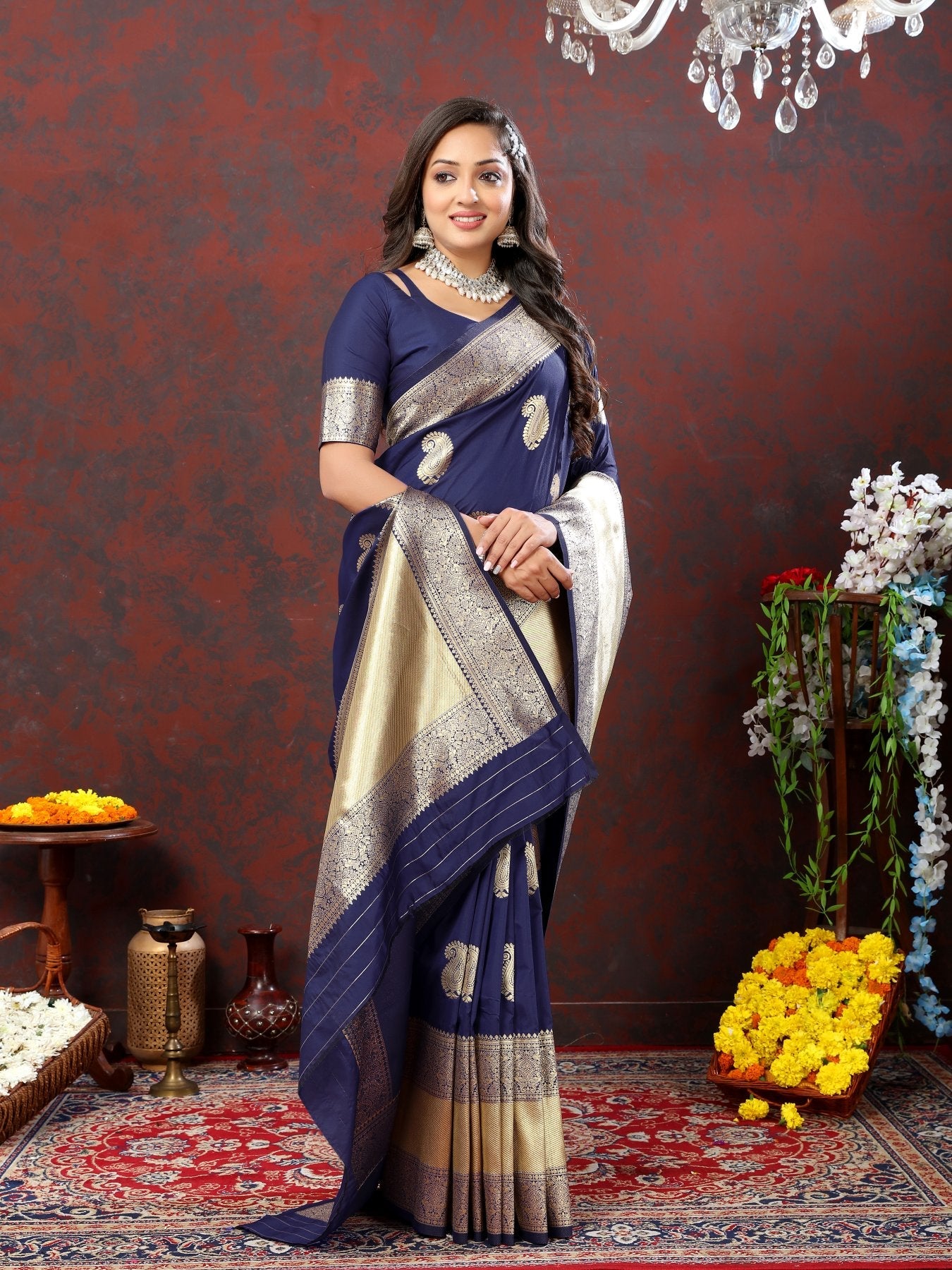 Quintessential Navy Blue Soft Banarasi Silk Saree With Ideal Blouse Piece