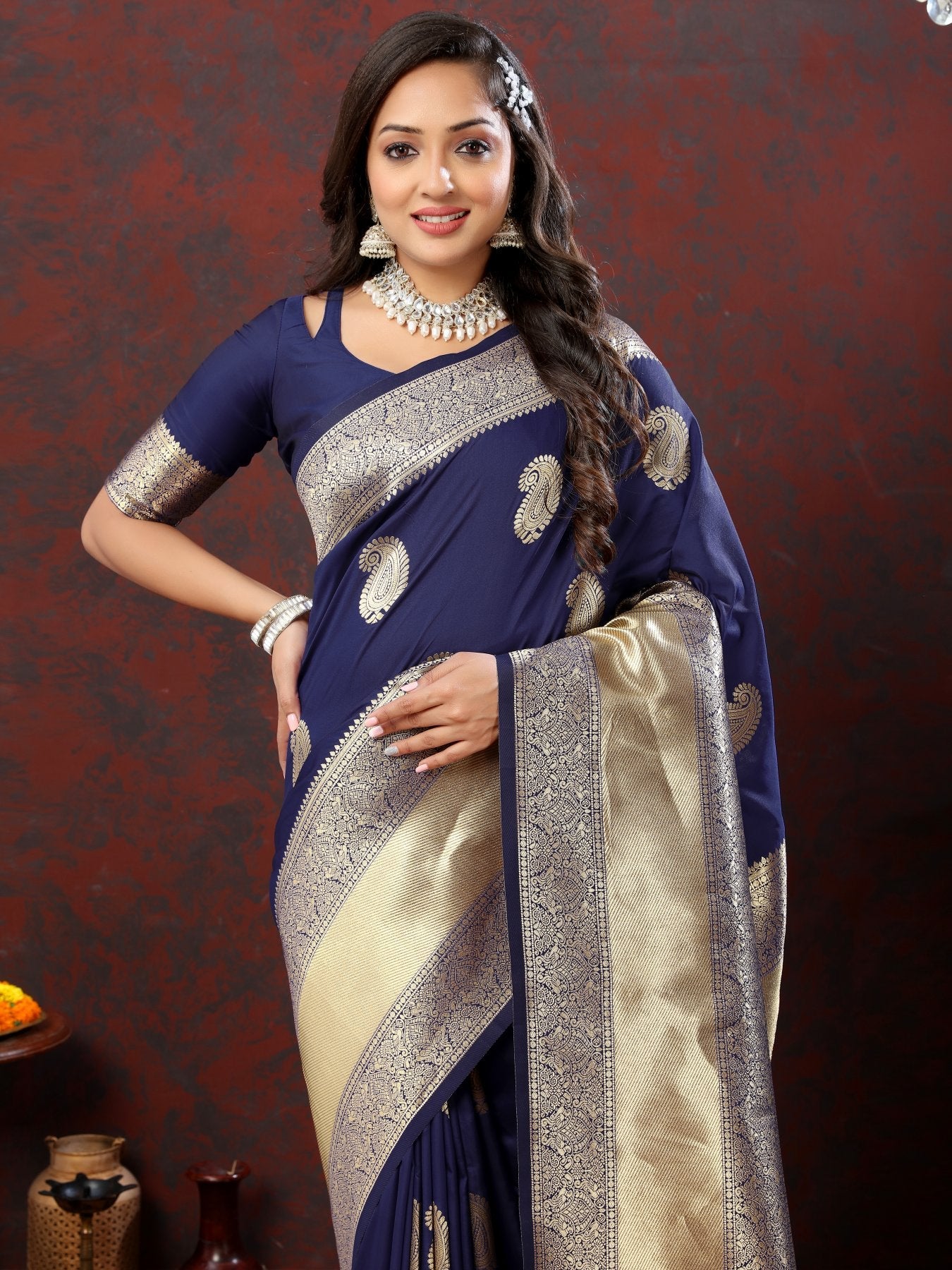 Quintessential Navy Blue Soft Banarasi Silk Saree With Ideal Blouse Piece