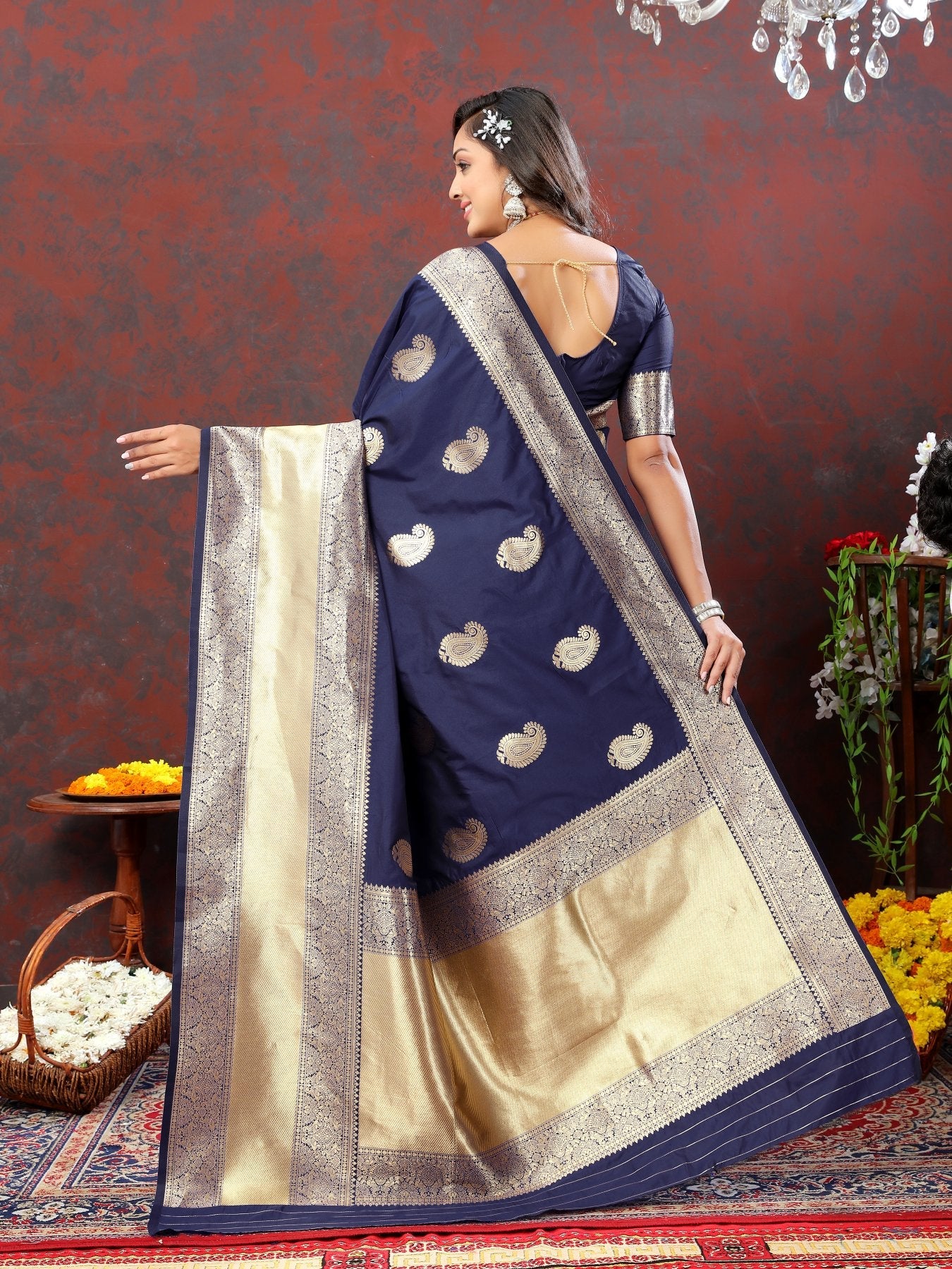 Quintessential Navy Blue Soft Banarasi Silk Saree With Ideal Blouse Piece