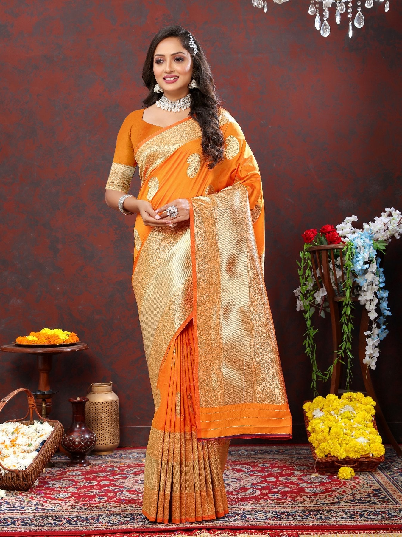 Flamboyant Orange Soft Banarasi Silk Saree With Radiant Blouse Piece