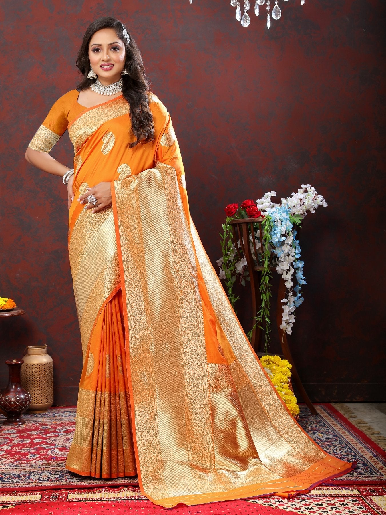 Flamboyant Orange Soft Banarasi Silk Saree With Radiant Blouse Piece