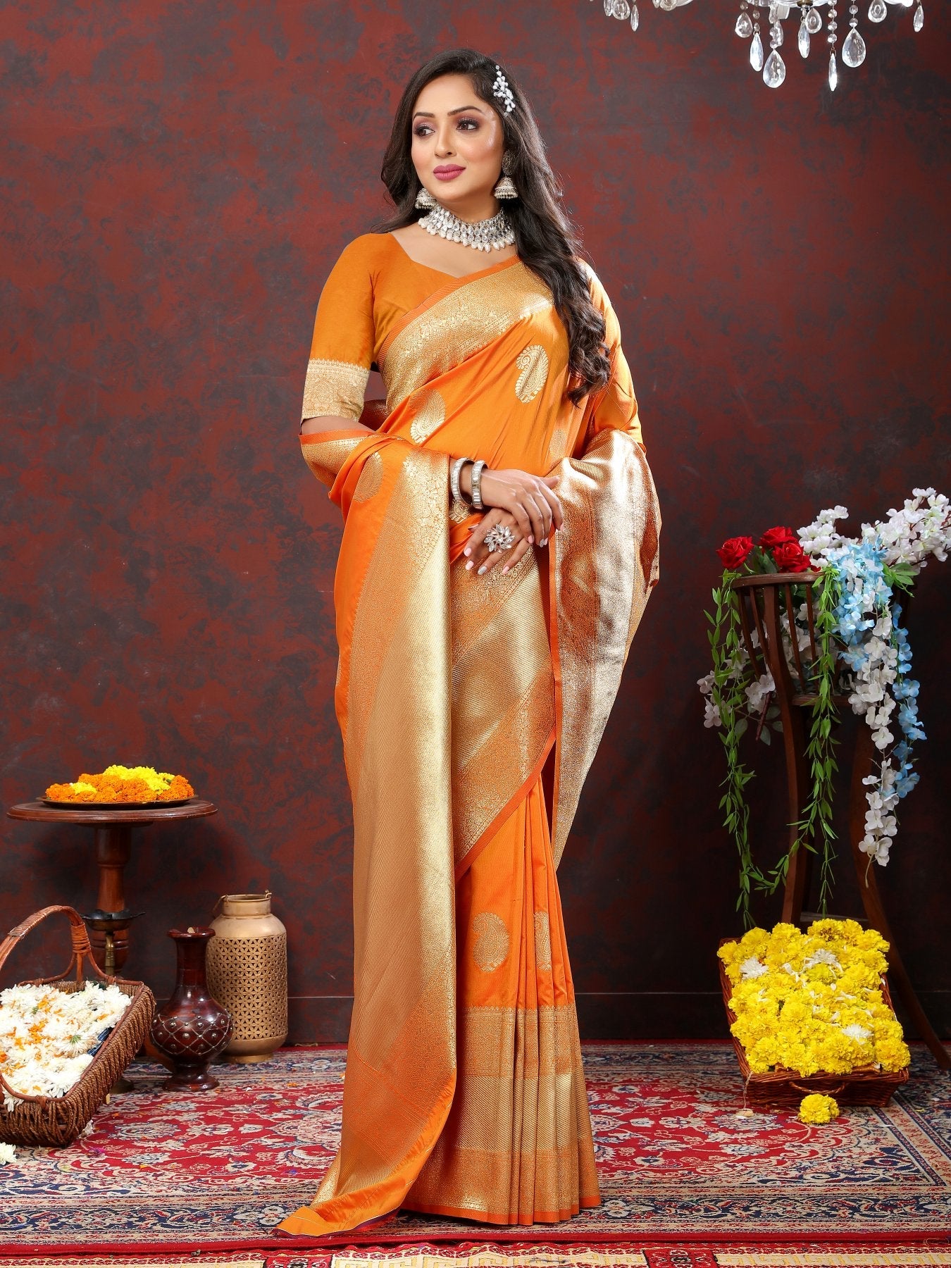 Flamboyant Orange Soft Banarasi Silk Saree With Radiant Blouse Piece