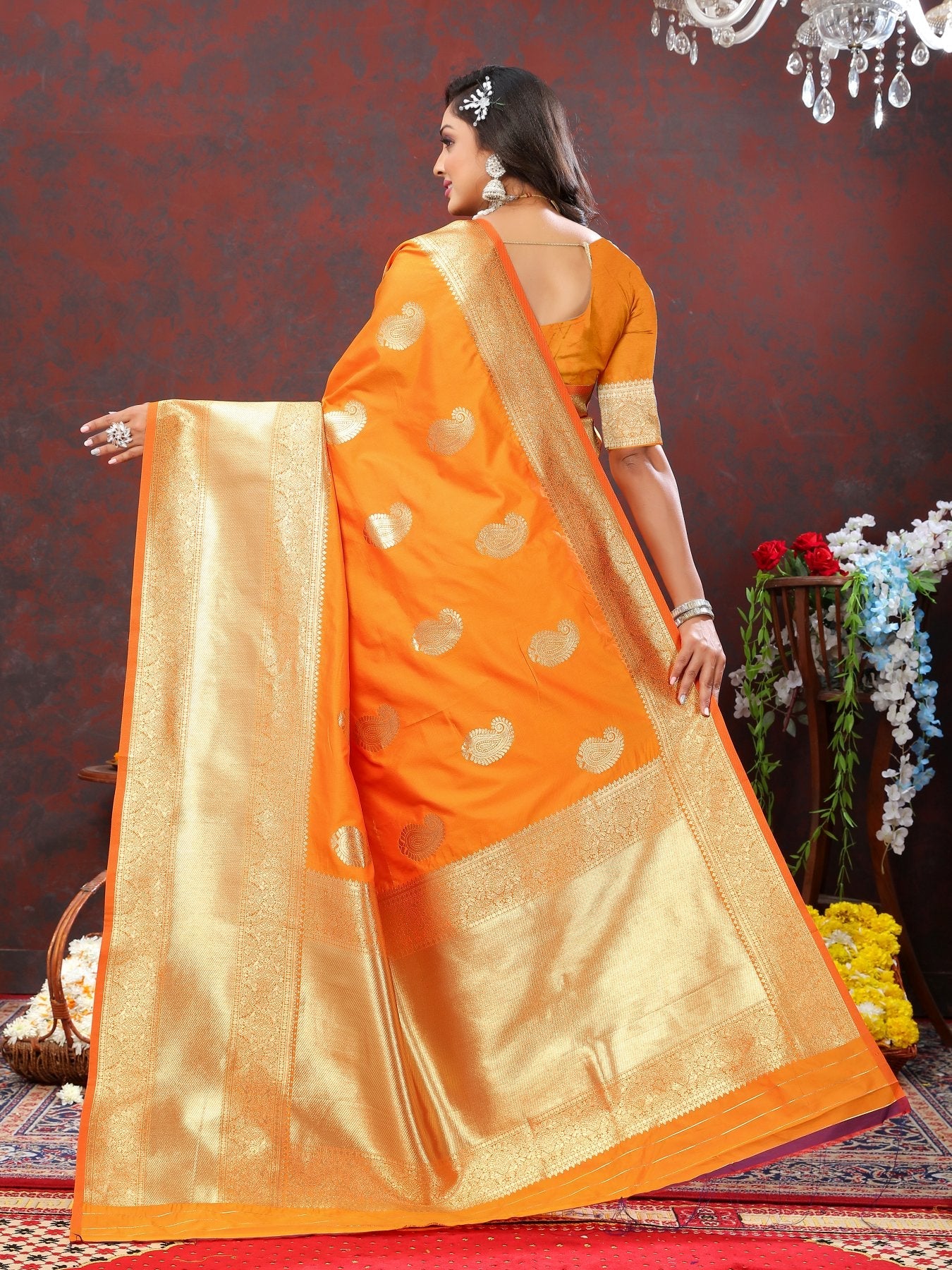 Flamboyant Orange Soft Banarasi Silk Saree With Radiant Blouse Piece