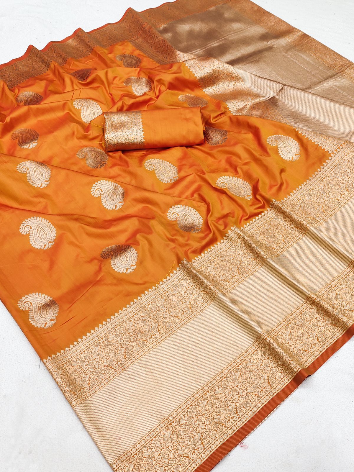 Flamboyant Orange Soft Banarasi Silk Saree With Radiant Blouse Piece