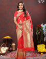 Prominent Red Soft Banarasi Silk Saree With Allure Blouse Piece