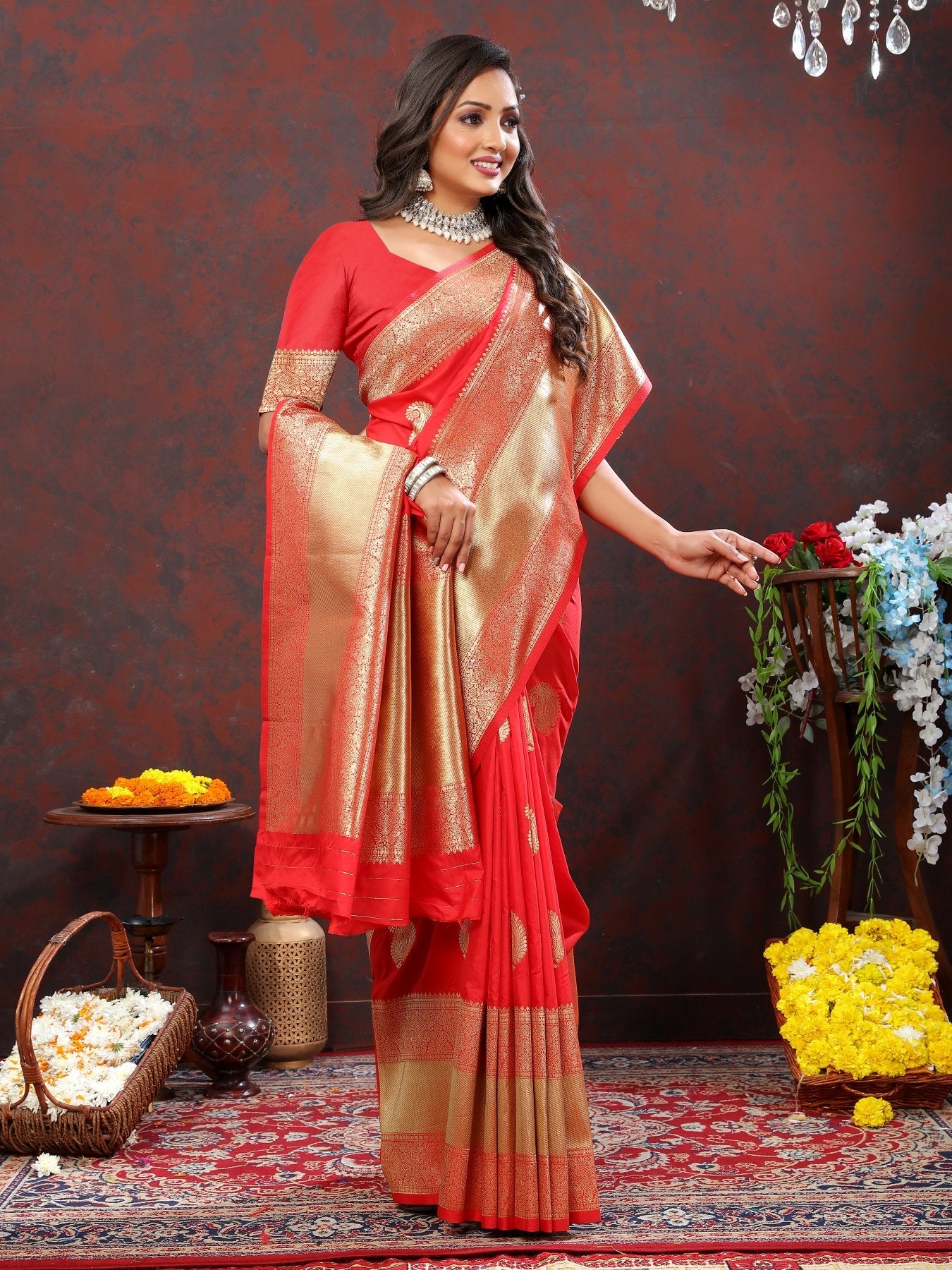 Prominent Red Soft Banarasi Silk Saree With Allure Blouse Piece