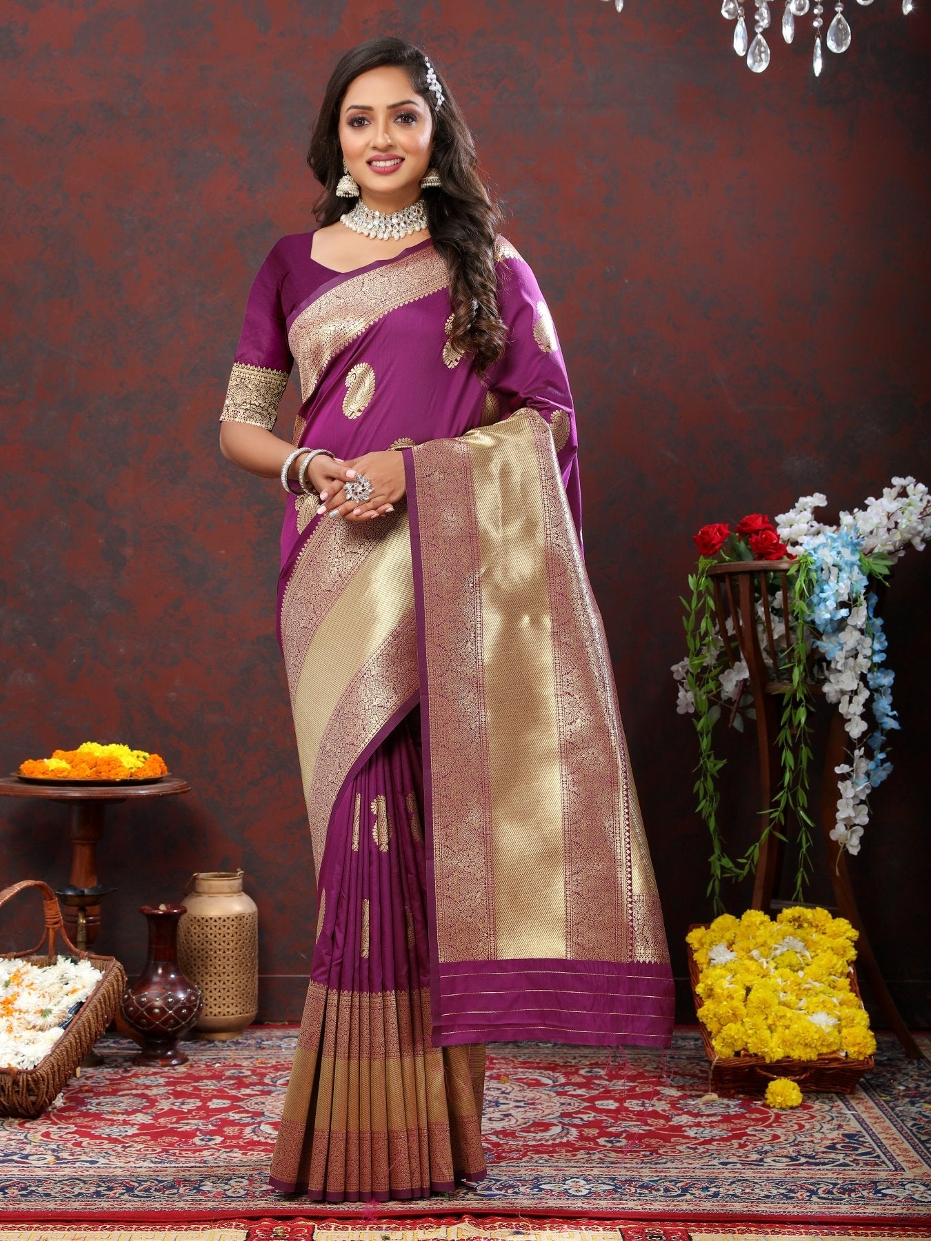 Majesty Wine Soft Banarasi Silk Saree With Scintillating Blouse Piece