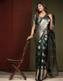 Exceptional Dark Green Organza Silk Saree With Whimsical Blouse Piece