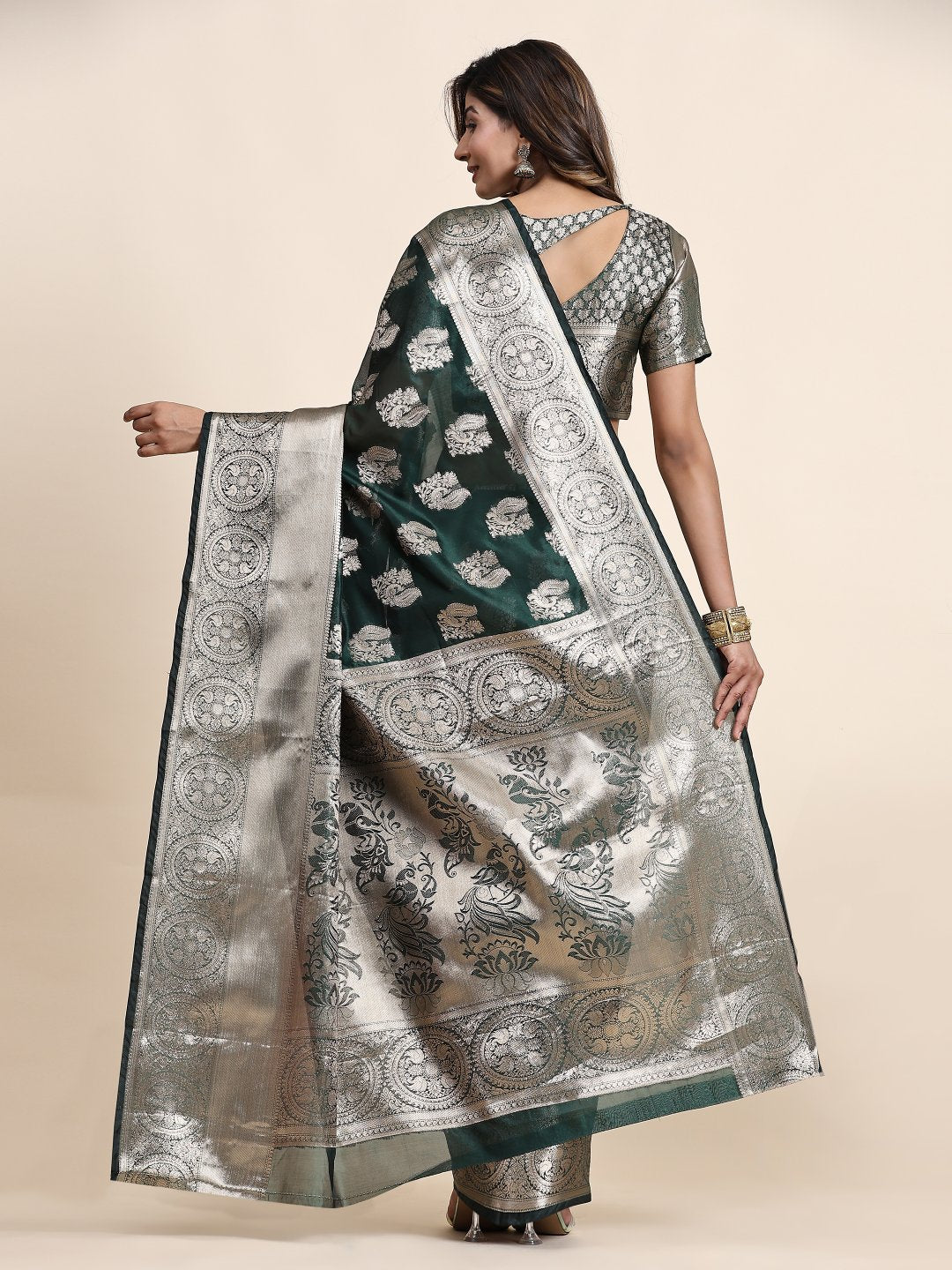 Exceptional Dark Green Organza Silk Saree With Whimsical Blouse Piece