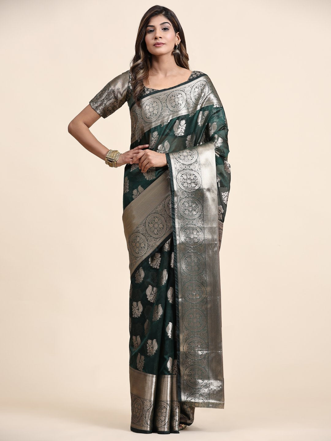 Exceptional Dark Green Organza Silk Saree With Whimsical Blouse Piece