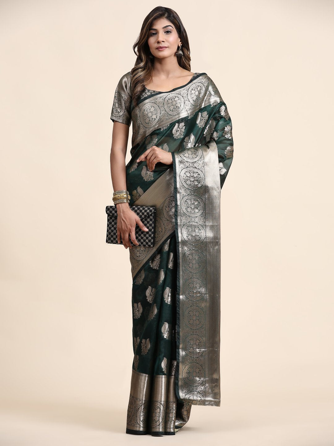 Exceptional Dark Green Organza Silk Saree With Whimsical Blouse Piece