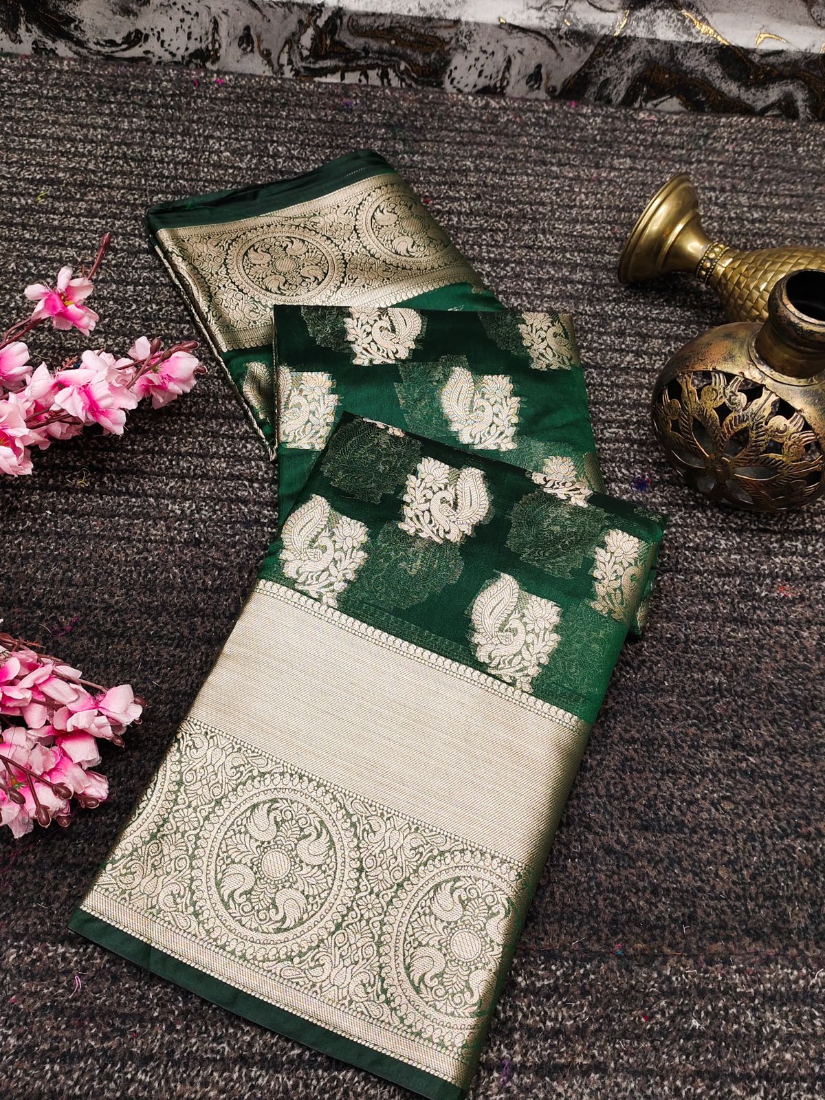 Exceptional Dark Green Organza Silk Saree With Whimsical Blouse Piece