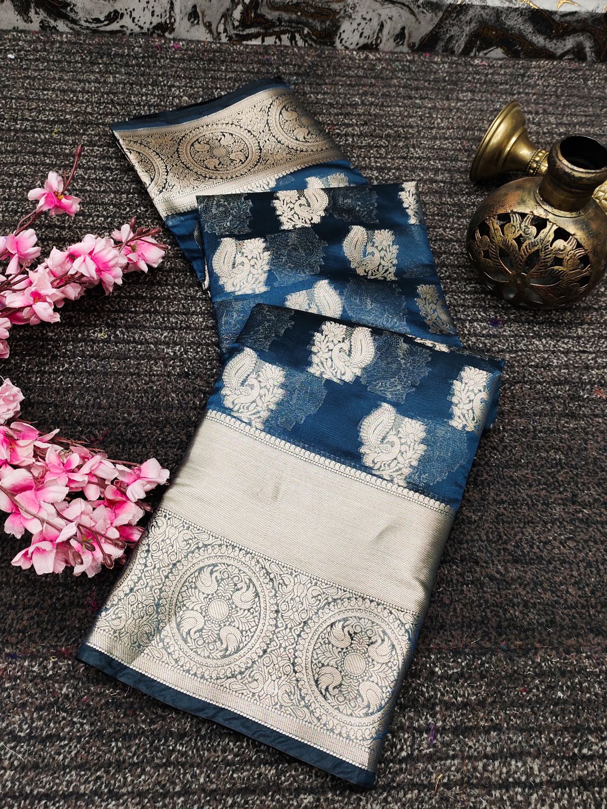 Groovy Navy Blue Organza Silk Saree With Charismatic Blouse Piece