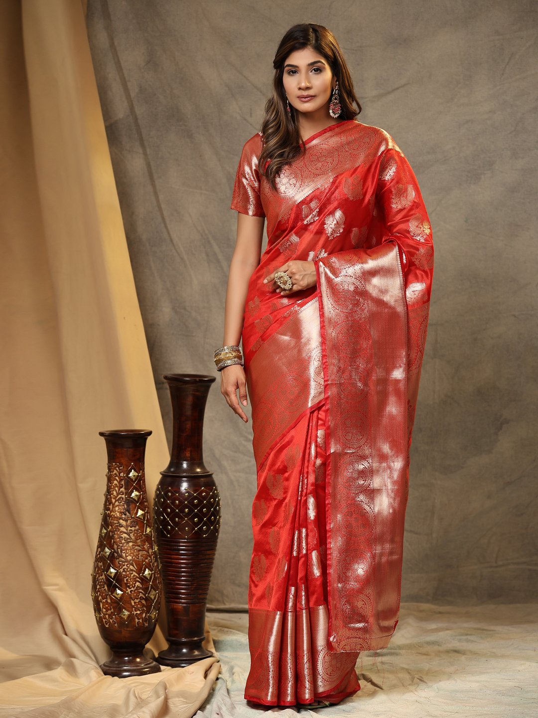 Diaphanous Red Organza Silk Saree With Exemplary Blouse Piece