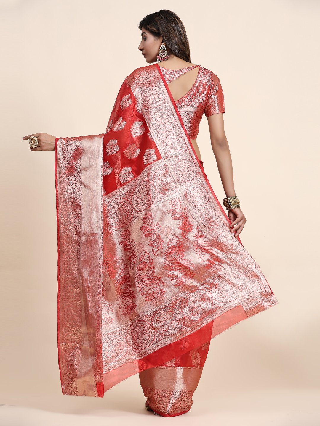 Diaphanous Red Organza Silk Saree With Exemplary Blouse Piece