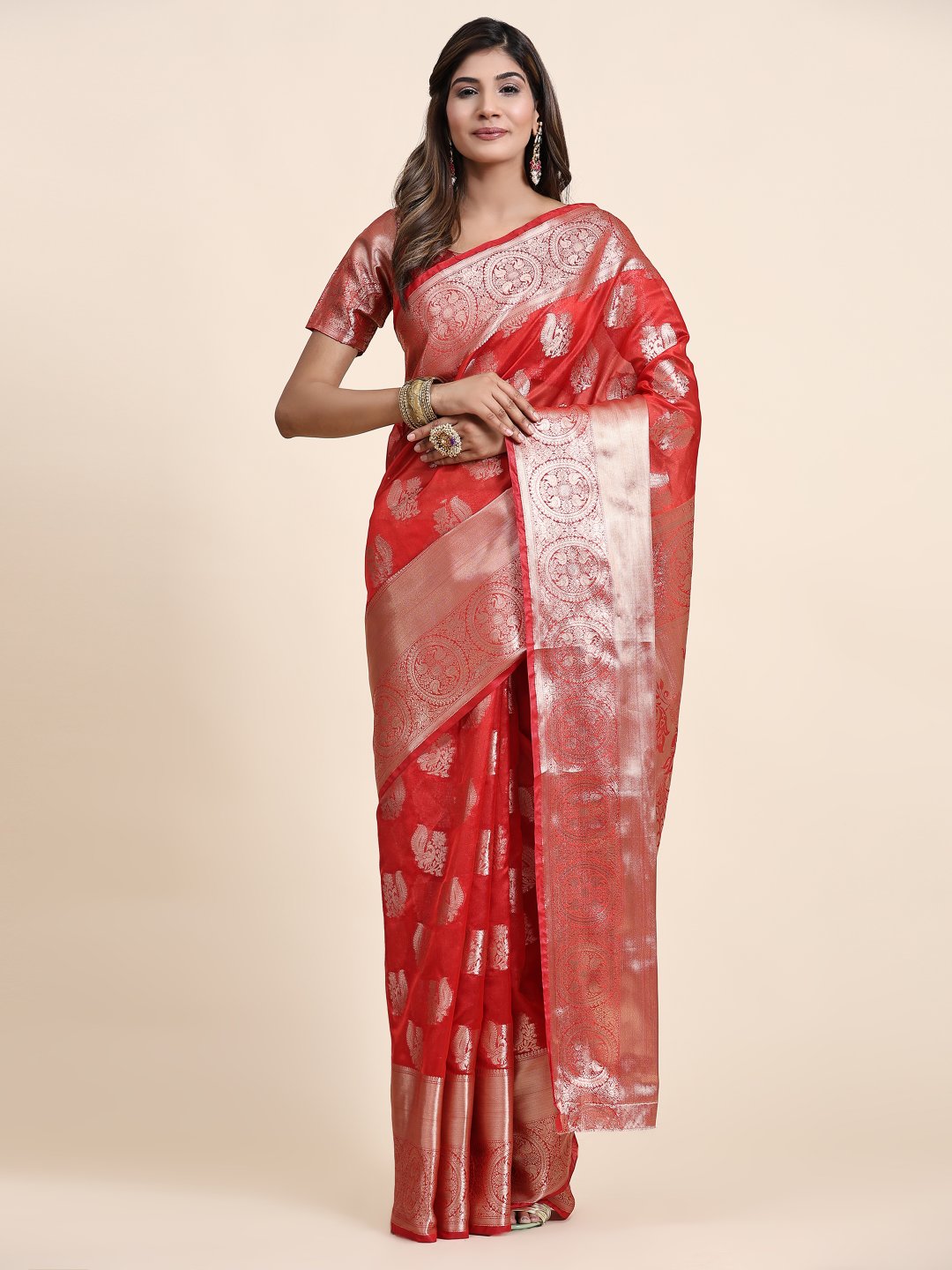 Diaphanous Red Organza Silk Saree With Exemplary Blouse Piece