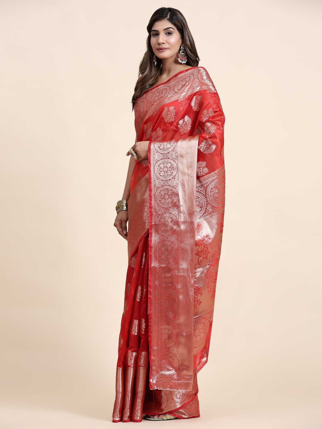 Diaphanous Red Organza Silk Saree With Exemplary Blouse Piece