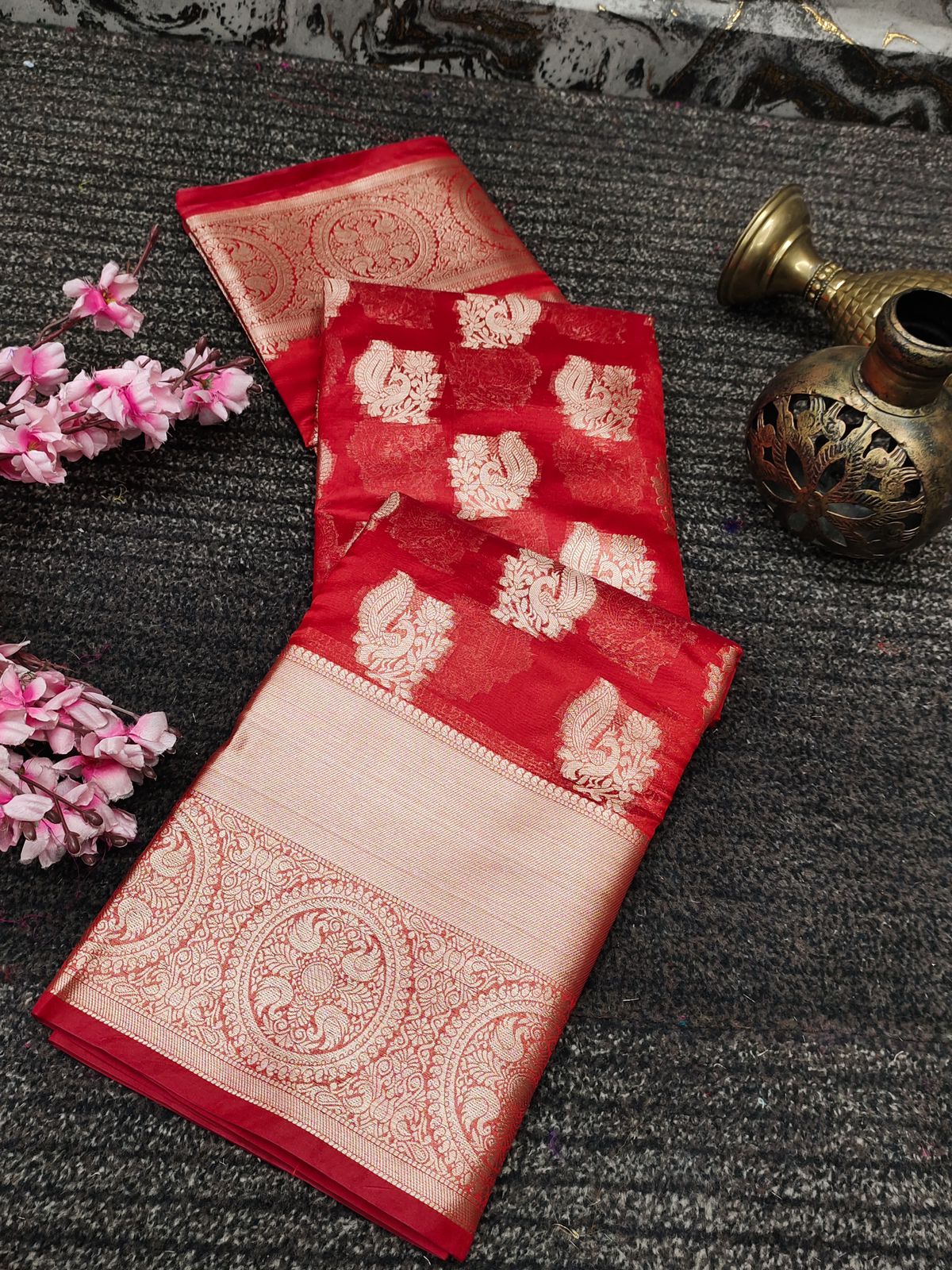 Diaphanous Red Organza Silk Saree With Exemplary Blouse Piece