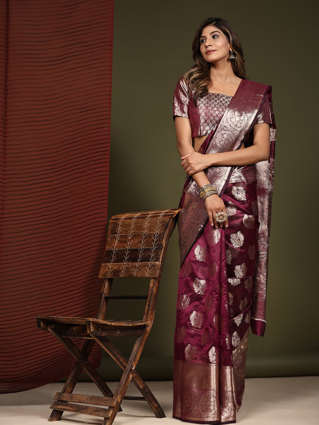 Desultory Wine Organza Silk Saree With Alluring Blouse Piece