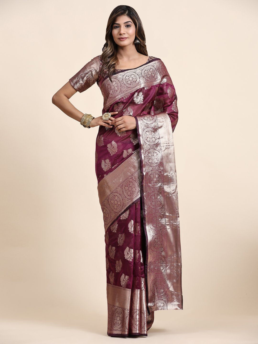 Desultory Wine Organza Silk Saree With Alluring Blouse Piece