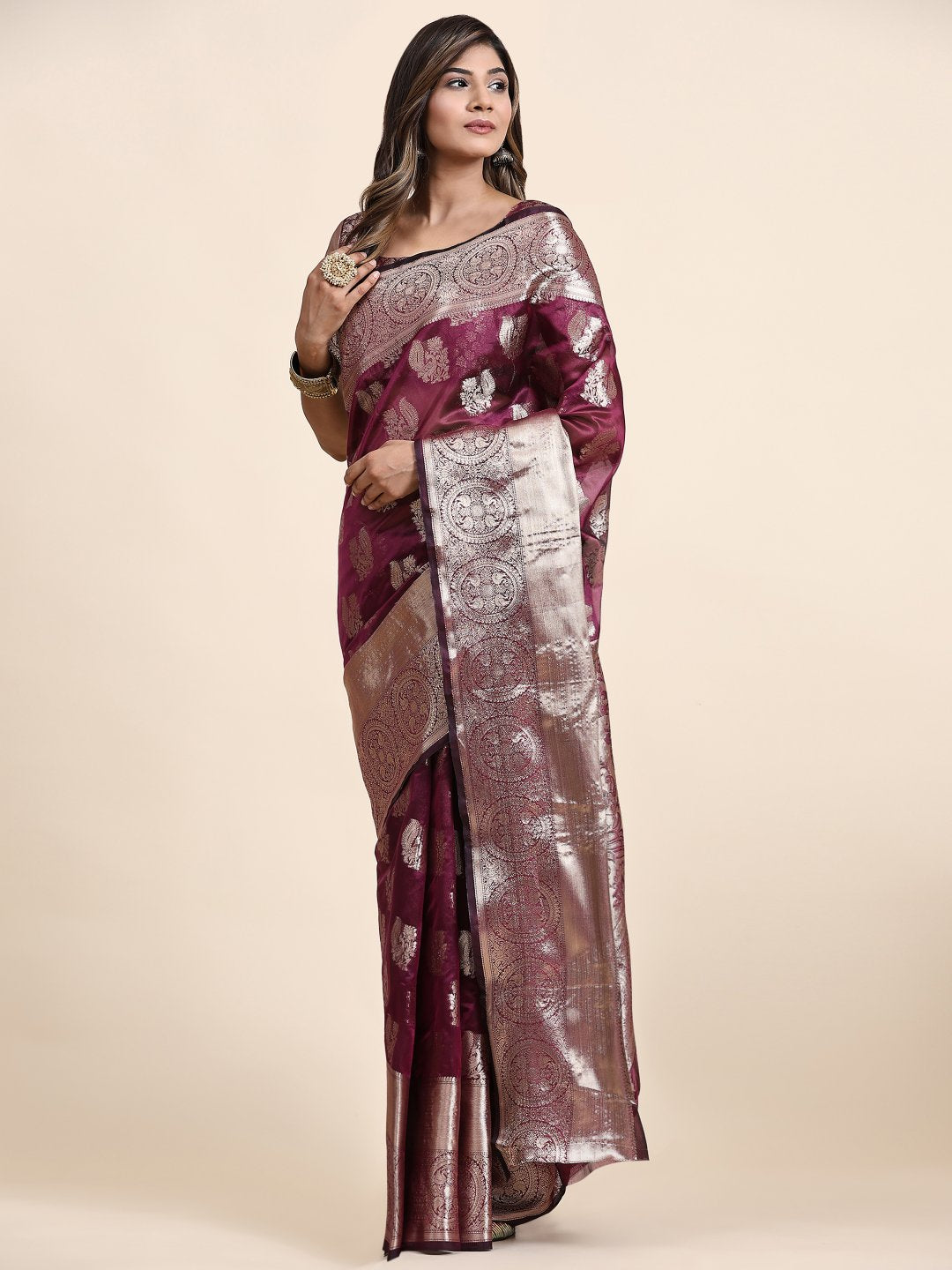 Desultory Wine Organza Silk Saree With Alluring Blouse Piece