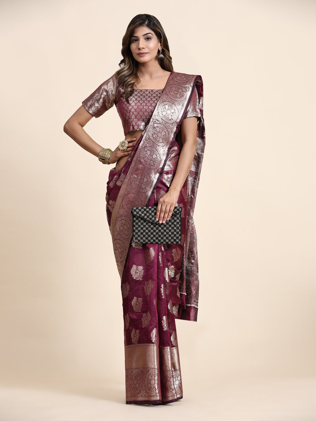 Desultory Wine Organza Silk Saree With Alluring Blouse Piece