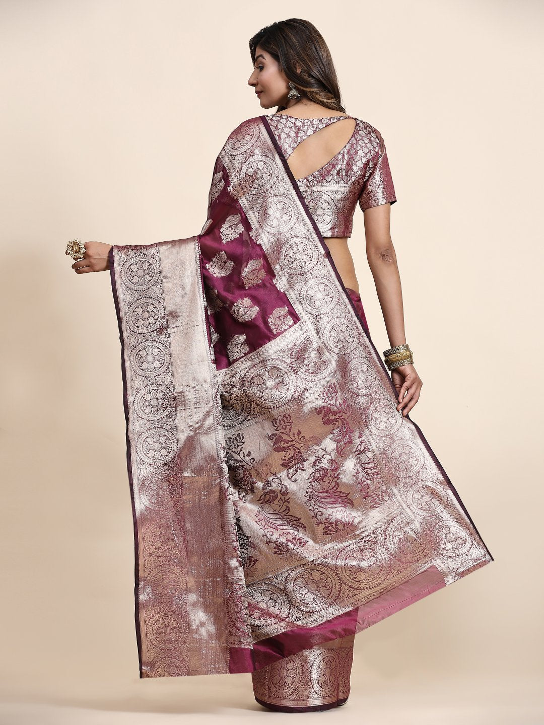 Desultory Wine Organza Silk Saree With Alluring Blouse Piece