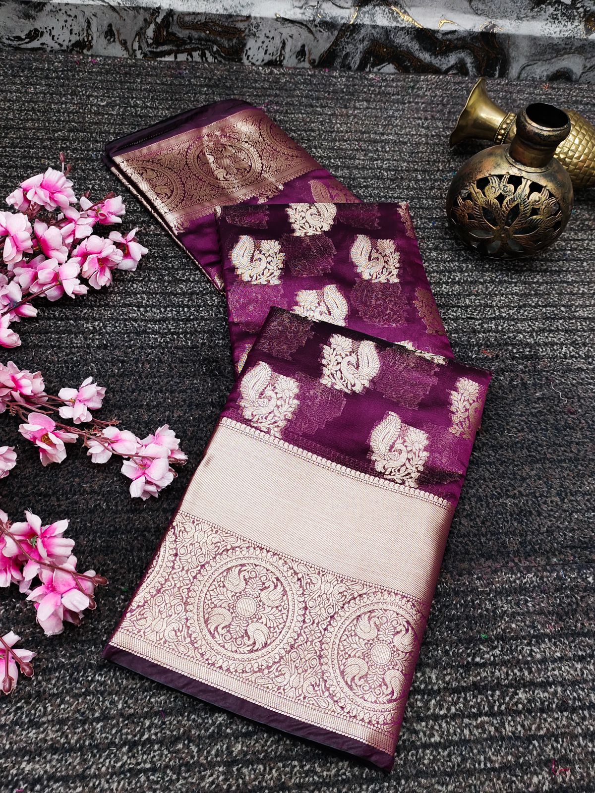 Desultory Wine Organza Silk Saree With Alluring Blouse Piece