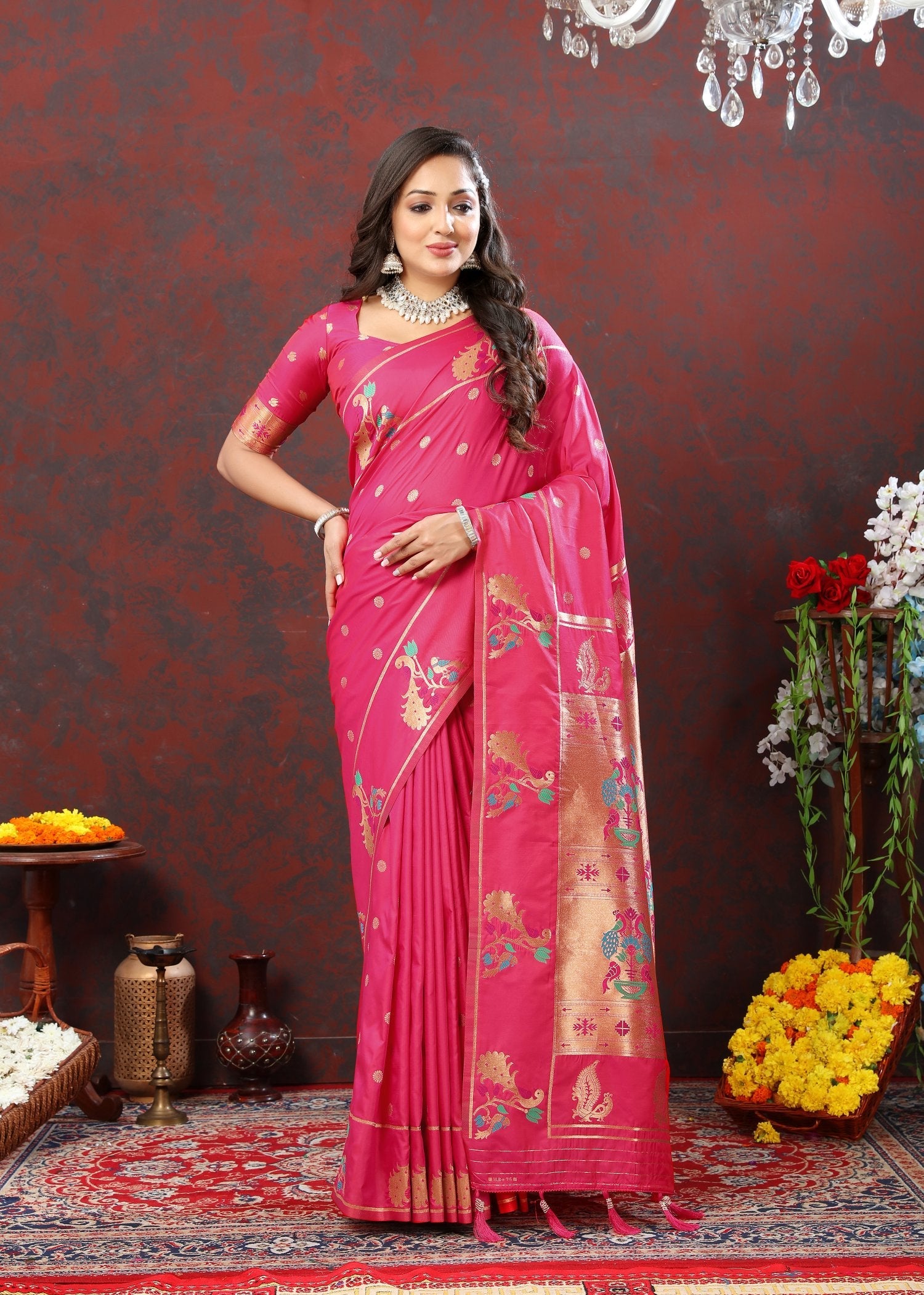 Captivating Dark Pink Paithani Silk Saree With Jubilant Blouse Piece