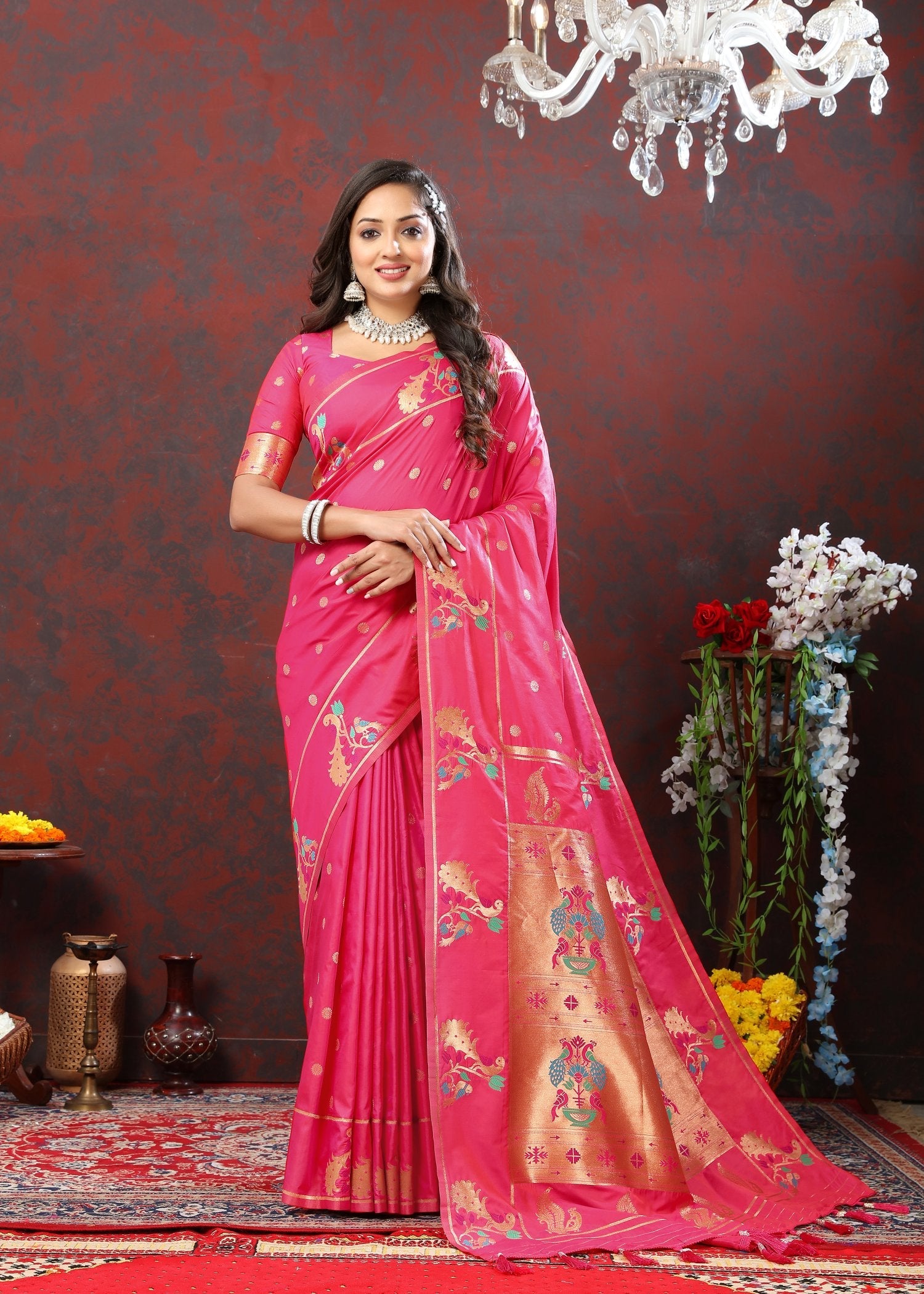 Captivating Dark Pink Paithani Silk Saree With Jubilant Blouse Piece