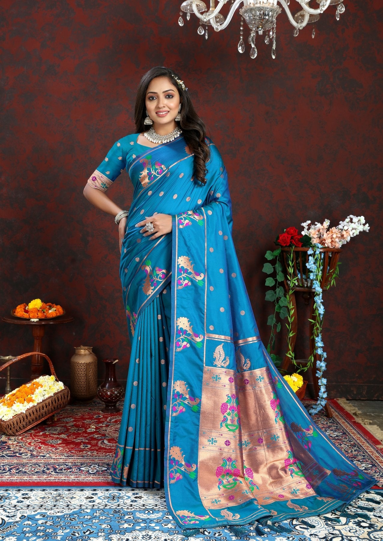 Brood Firozi Paithani Silk Saree With Ornate Blouse Piece