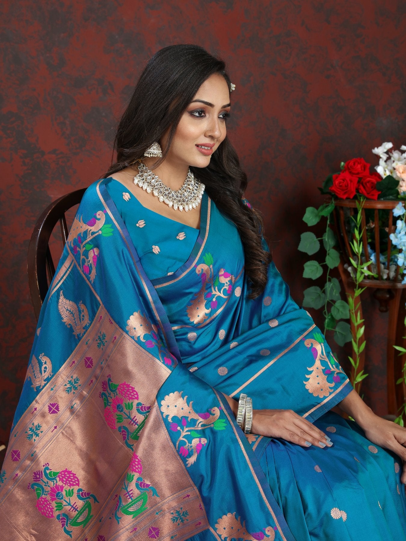 Brood Firozi Paithani Silk Saree With Ornate Blouse Piece