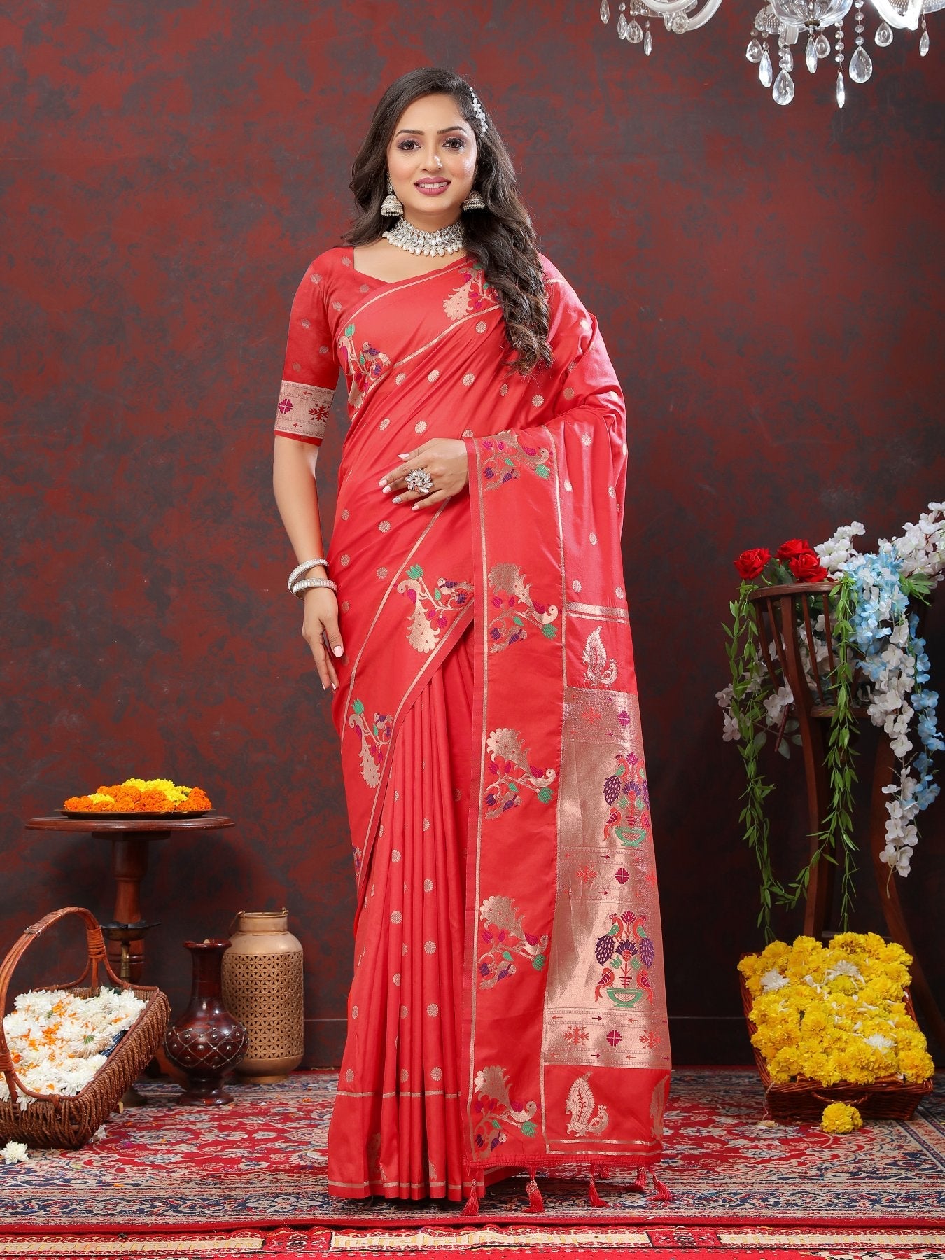 Assemblage Red Paithani Silk Saree With Jubilant Blouse Piece