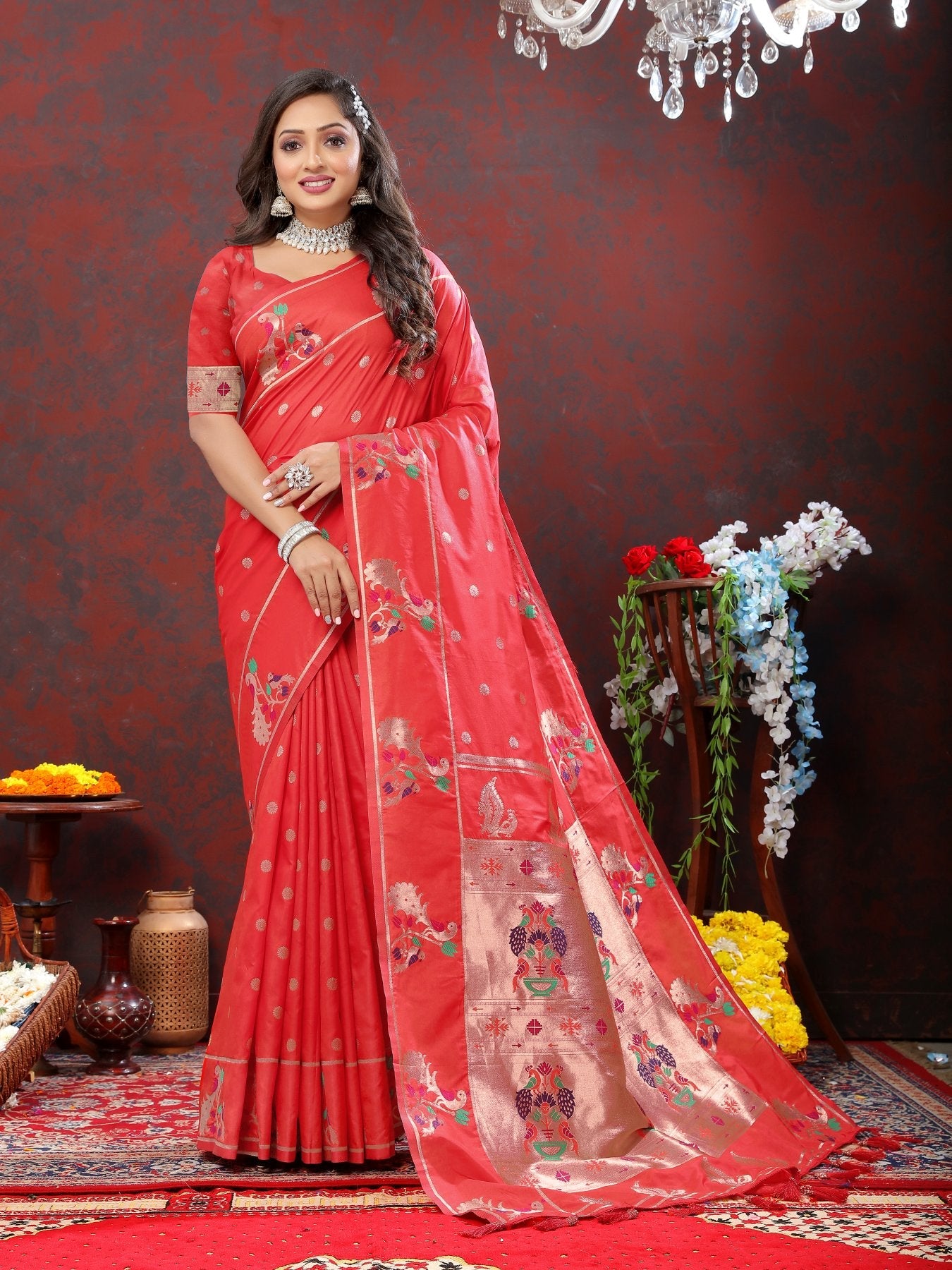 Assemblage Red Paithani Silk Saree With Jubilant Blouse Piece