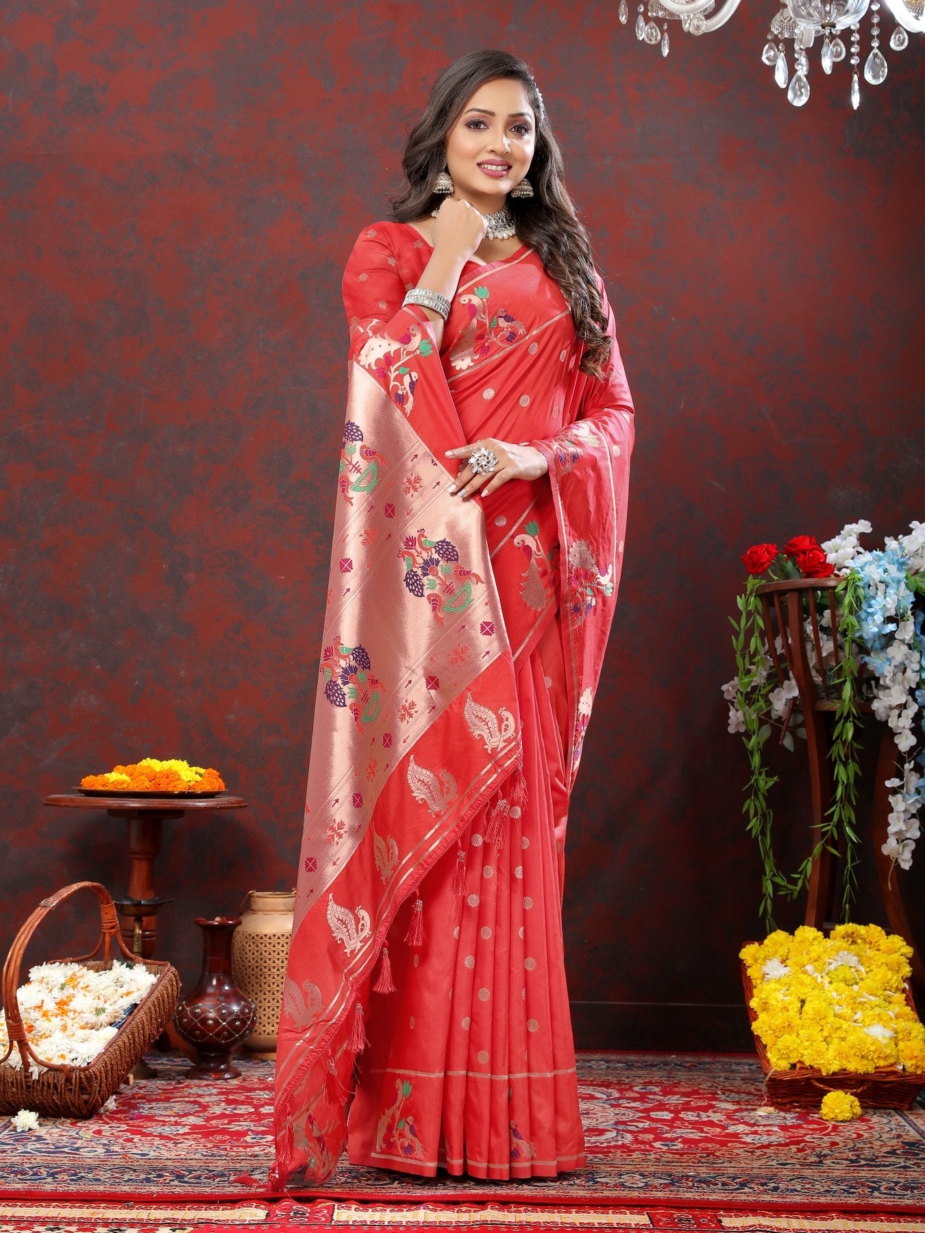 Assemblage Red Paithani Silk Saree With Jubilant Blouse Piece