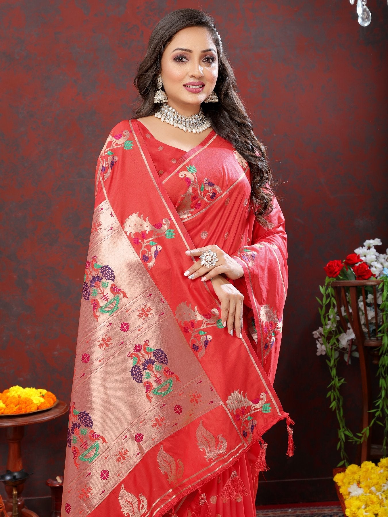 Assemblage Red Paithani Silk Saree With Jubilant Blouse Piece